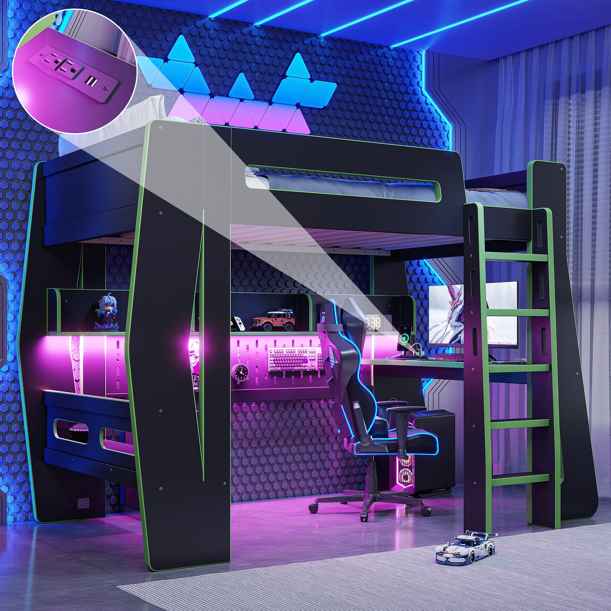 Mintazer Twin Size Gaming Loft Bed with Desk & LED Ambient Light, Esports Loft Bed with Storage Shelves & Power Outlet for Teens Bedroom, Green