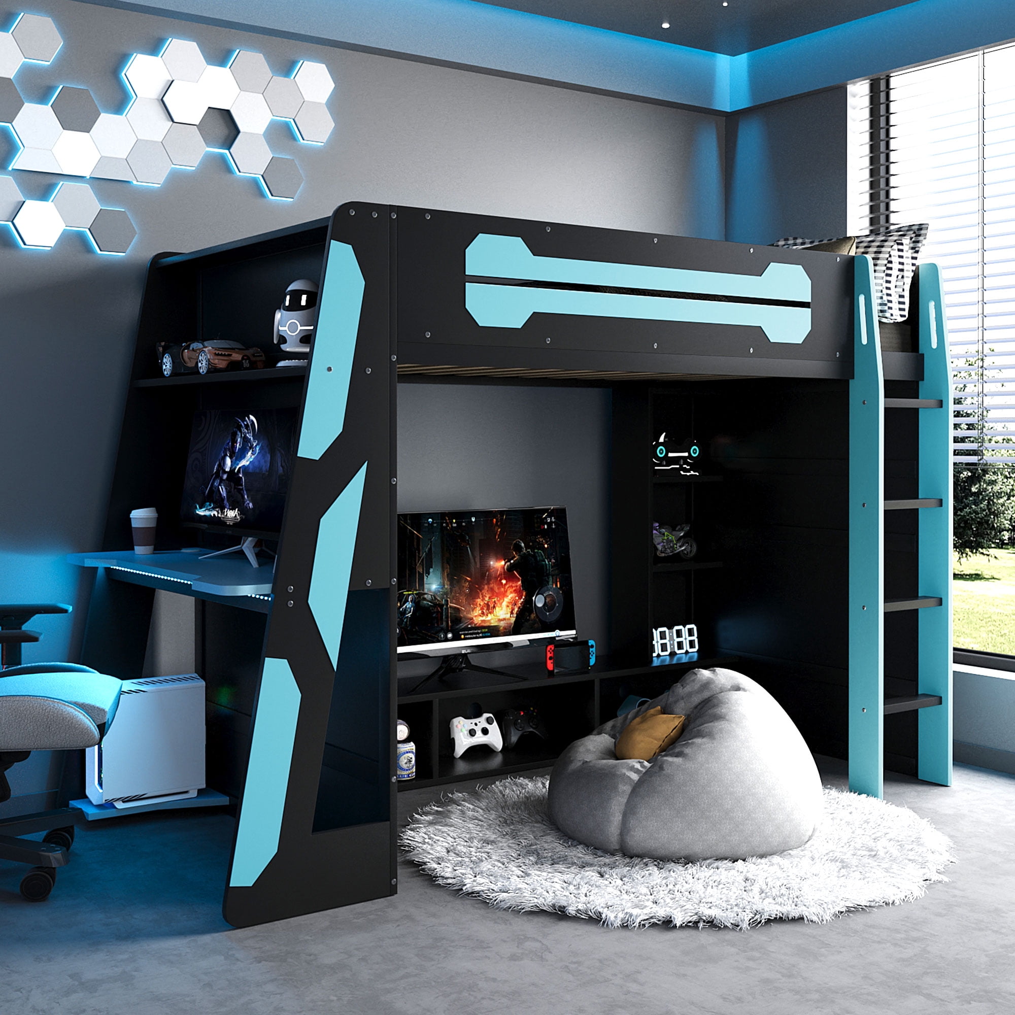 Mintazer Twin Size Gaming Loft Bed with Desk, LED Light & Charging Station, Kids Platform Bed Frame with Storage Shelves for Teens, Black & Blue