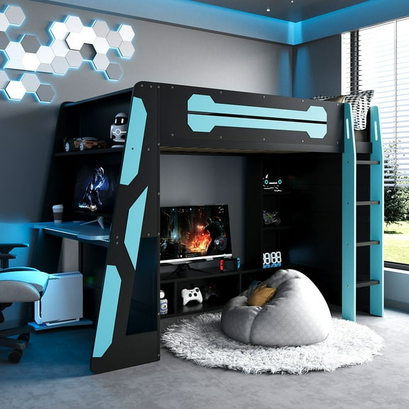 Mintazer Twin Size Gaming Loft Bed with Desk, LED Light & Charging Station, Kids Platform Bed Frame with Storage Shelves for Teens, Black & Blue