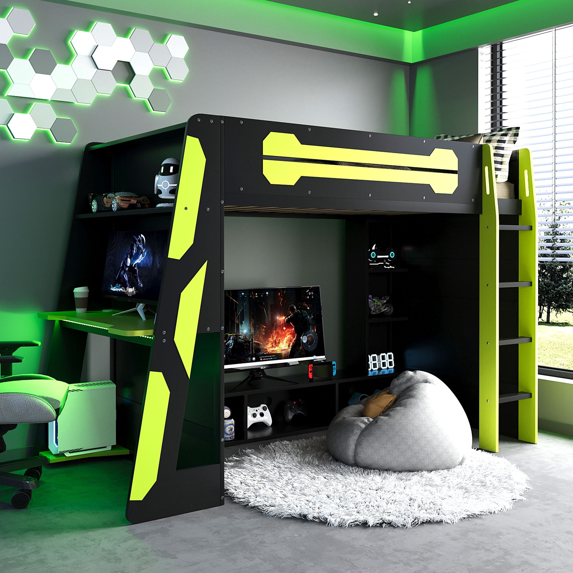 Mintazer Twin Size Gaming Loft Bed with Desk, LED Light & Charging Station, Kids Platform Bed Frame with Storage Shelves for Teens, Black & Green