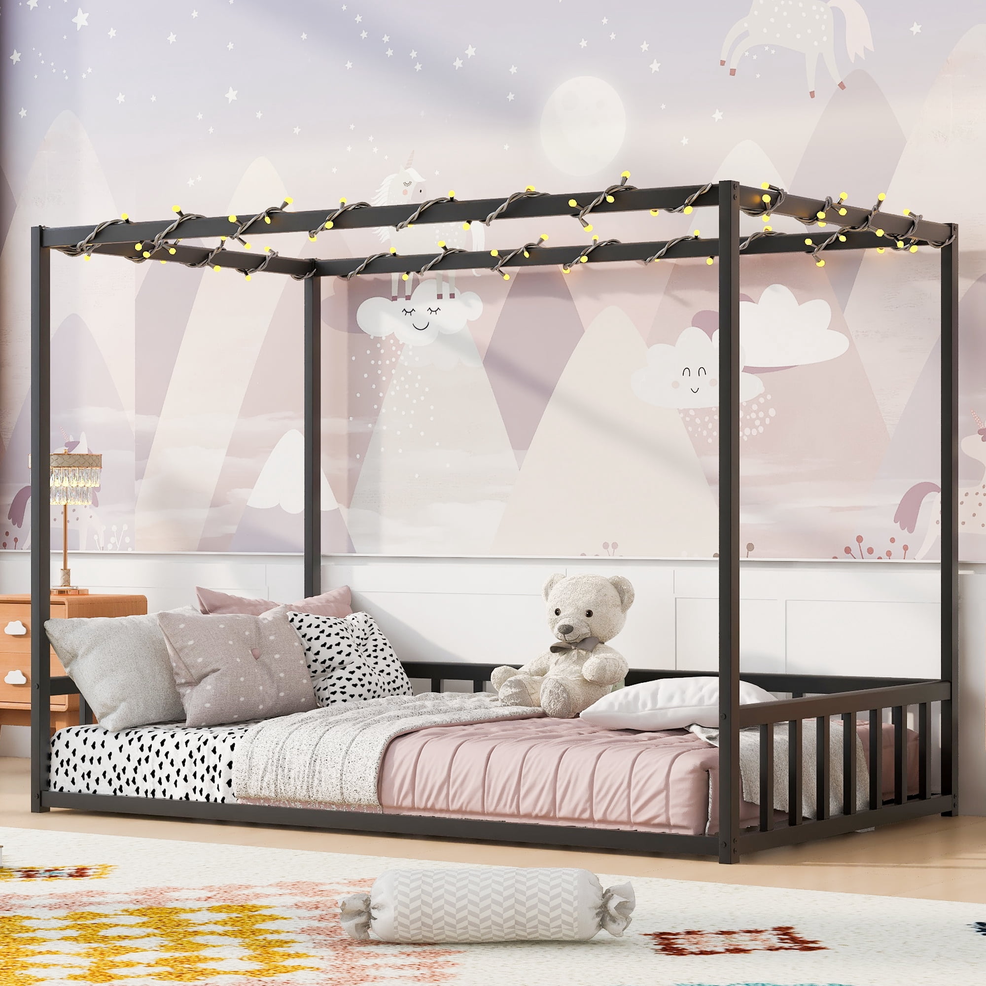 Mintazer Twin Size Kids Sunshade Floor Bed Frame with Guardrails, Canopy Floor Bed for Low Profile, Black