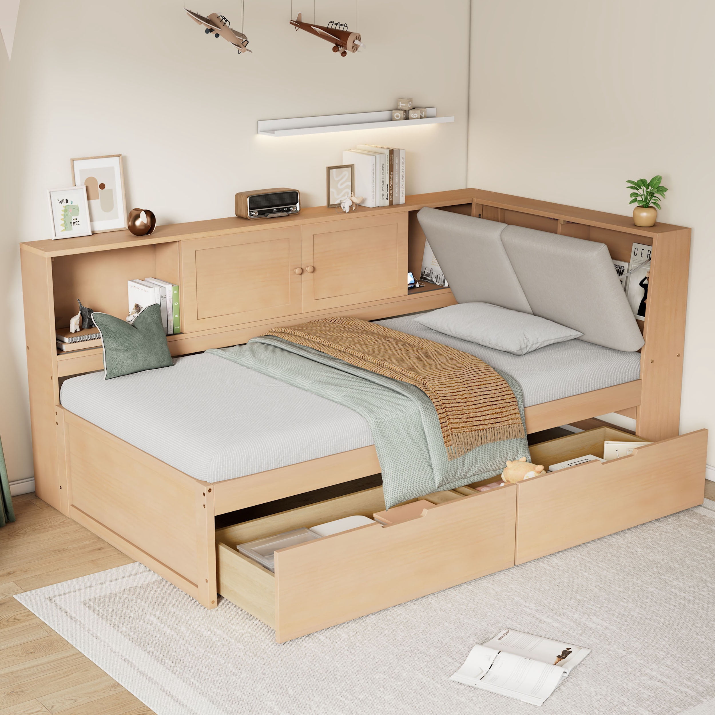 Mintazer Twin Size L-Shaped Corner Bed with Storage Drawers & Bookcase, Daybed with Upholstered Headboard & Charge Station for Home Bedroom Guest Room, Natural
