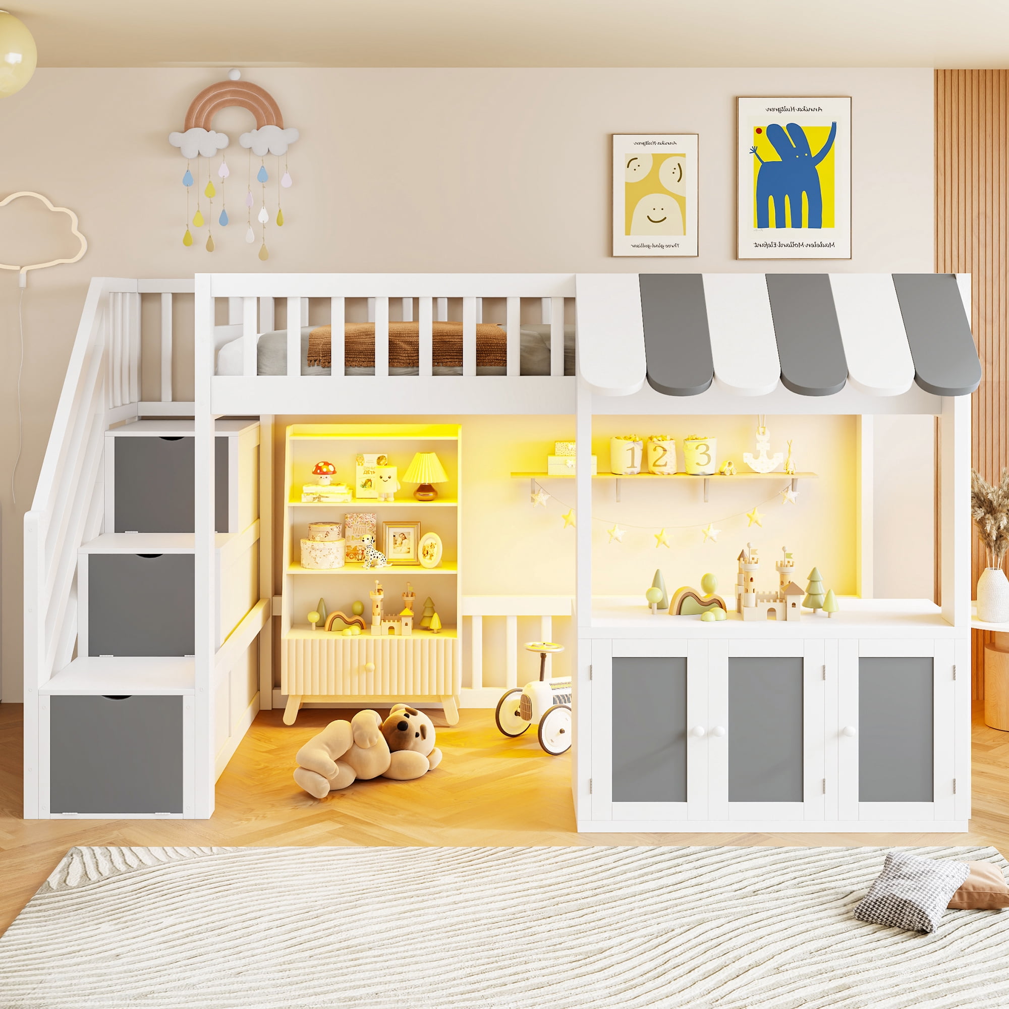 Mintazer Twin Size Loft Bed with Play Storefront & LED Lights, Kids Loft Bed with Guardrail and Storage Staircase & Cabinet for Bedroom, White & Gray