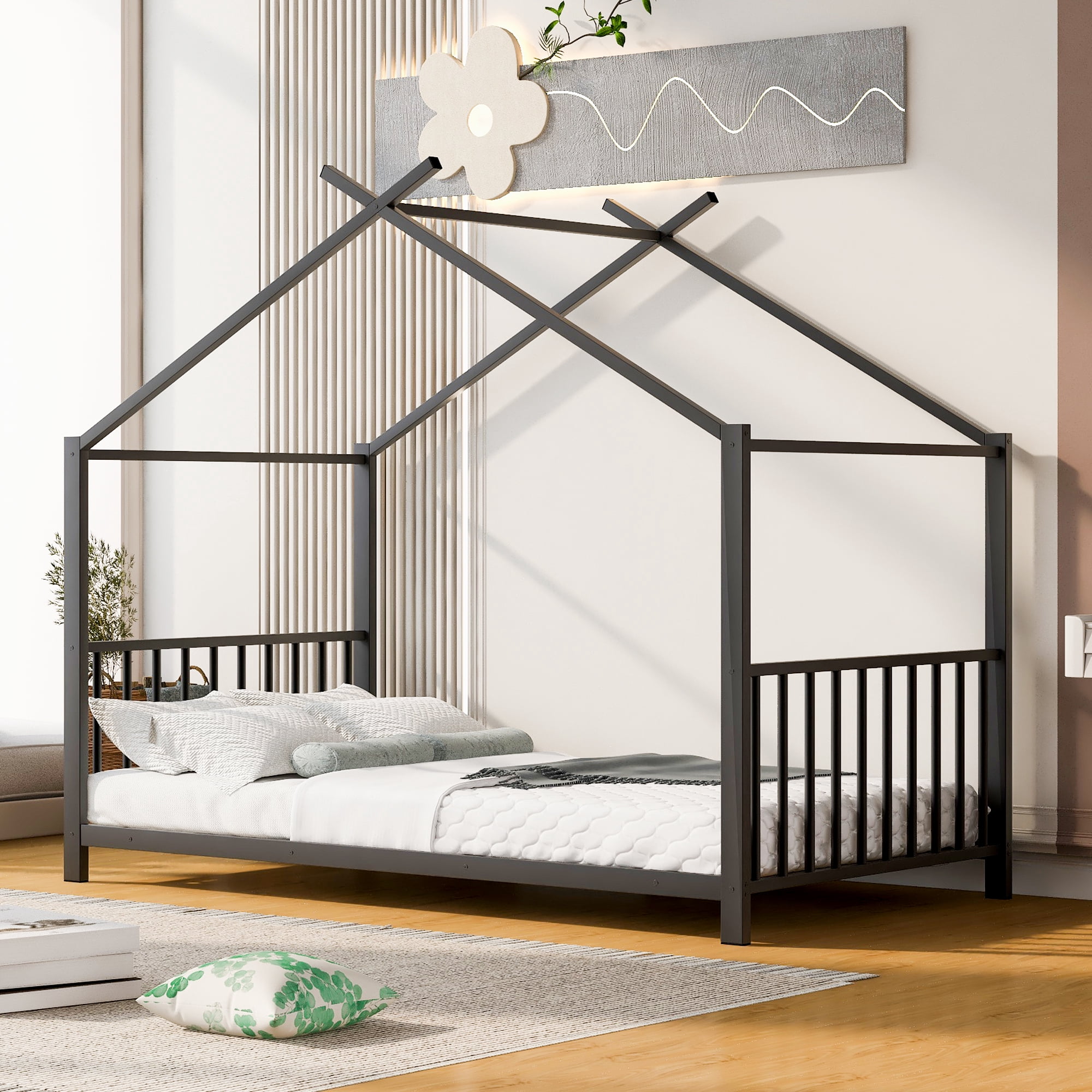Mintazer Twin Size Metal House Montessori Floor Bed for Kids Bedroom, Black