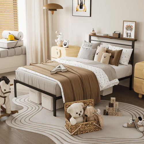Mintazer Twin Size Metal Platform Bed Frame with Upholstered Headboard & Charging Station, No Box Spring Needed, Brown