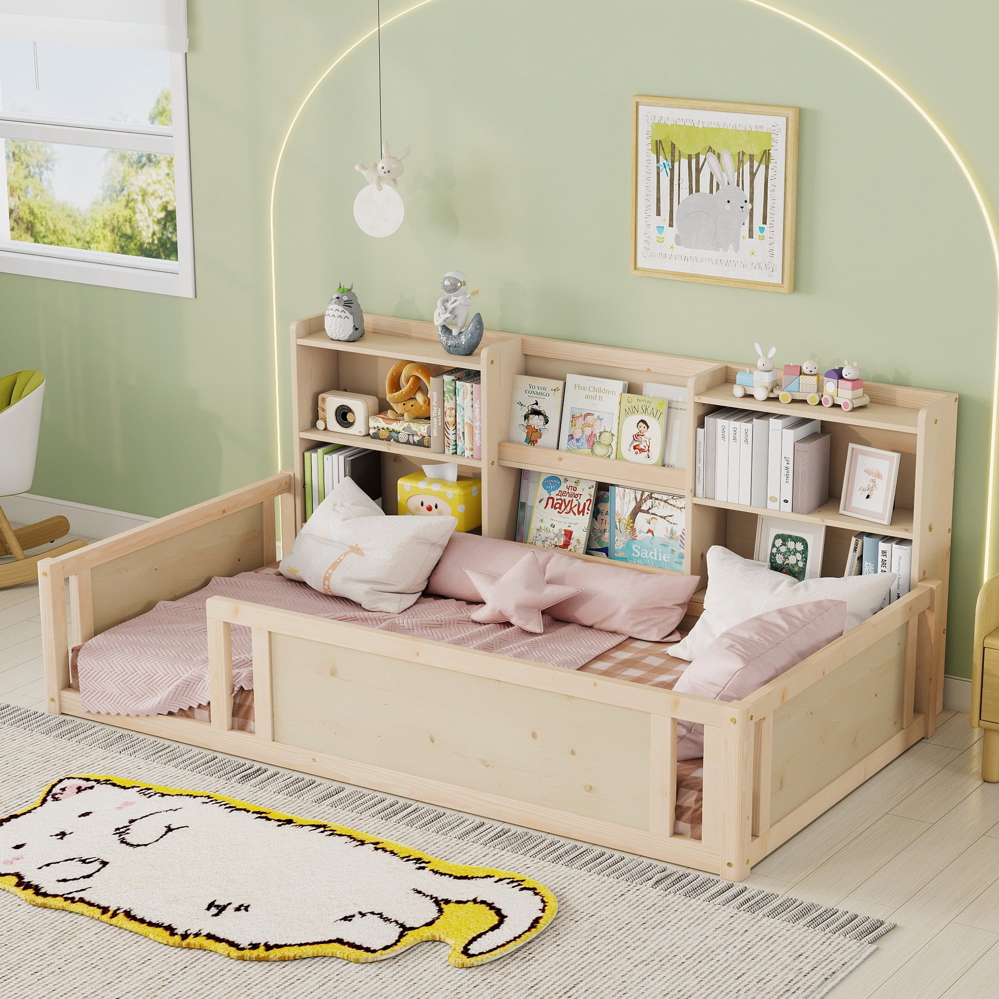 Mintazer Twin Size Montessori Floor Bed with Bookcase Headboard & Guardrails, Kids Platform Bed Frame with 6 Cubby Storage Shelves for Bedroom, Natural