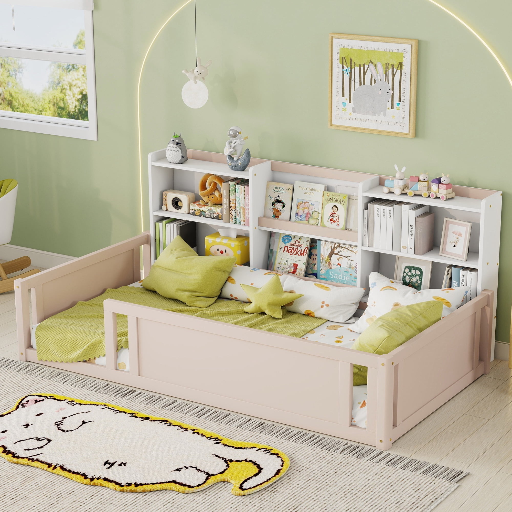 Mintazer Twin Size Montessori Floor Bed with Bookcase Headboard & Guardrails, Kids Platform Bed Frame with 6 Cubby Storage Shelves for Bedroom, White & Natural