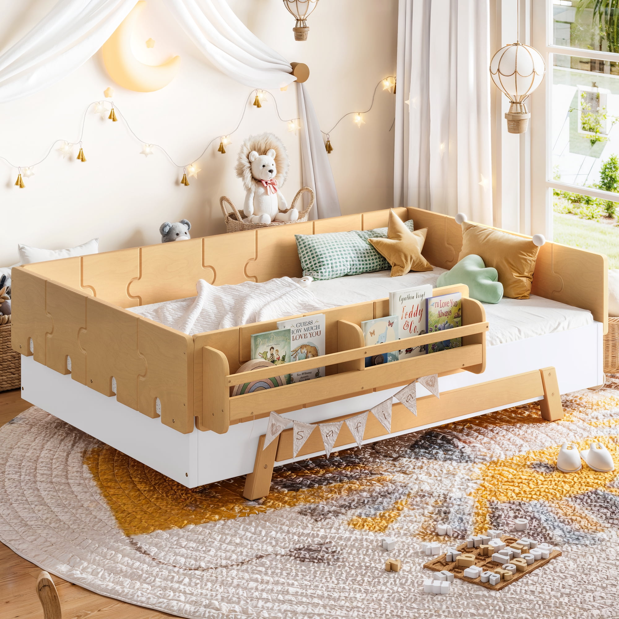 Mintazer Twin Size Montessori Floor Bed Frame, Kids Puzzle Block Design Platform Bed with Guardrails & Bookshelf for Bedroom, Natural & Beige