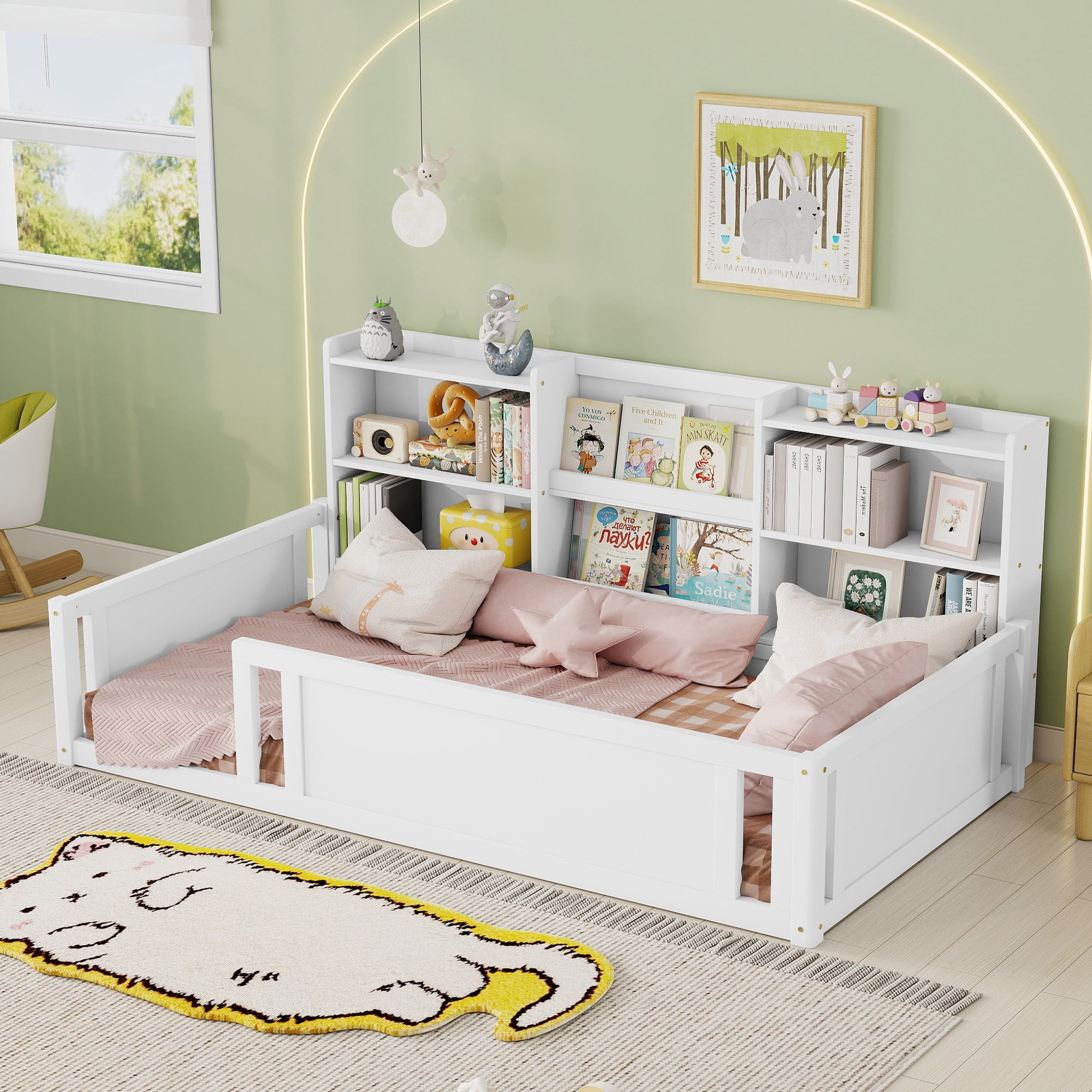 Mintazer Twin Size Montessori Floor Bed with Bookcase Headboard & Guardrails, Kids Platform Bed Frame with 6 Cubby Storage Shelves for Bedroom, White