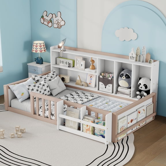 Mintazer Twin Size Montessori Floor Bed with Bookshelf & Guardrails, Kids Platform Bed Frame with Storage Cubbies for Bedroom, White & Natural