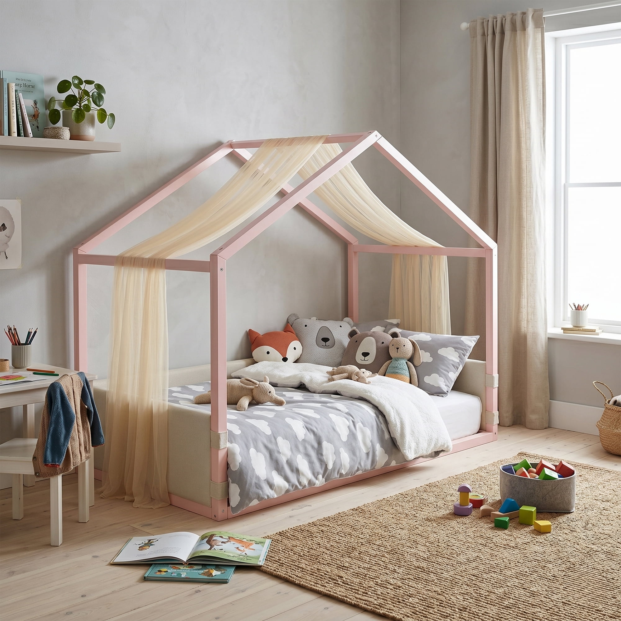 Mintazer Twin Size Montessori House Floor Bed with Breathable Gauze Canopy & Velvet Upholstered Side Guard Panels, Low Platform Kids Playhouse Bed Frame for Bedroom Guest Room, Pink