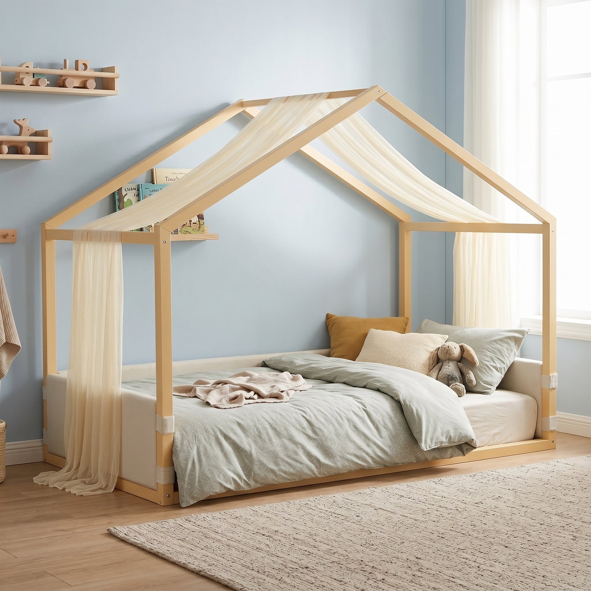 Mintazer Twin Size Montessori House Floor Bed with Breathable Gauze Canopy & Velvet Upholstered Side Guard Panels, Low Platform Kids Playhouse Bed Frame for Bedroom Guest Room, Natural