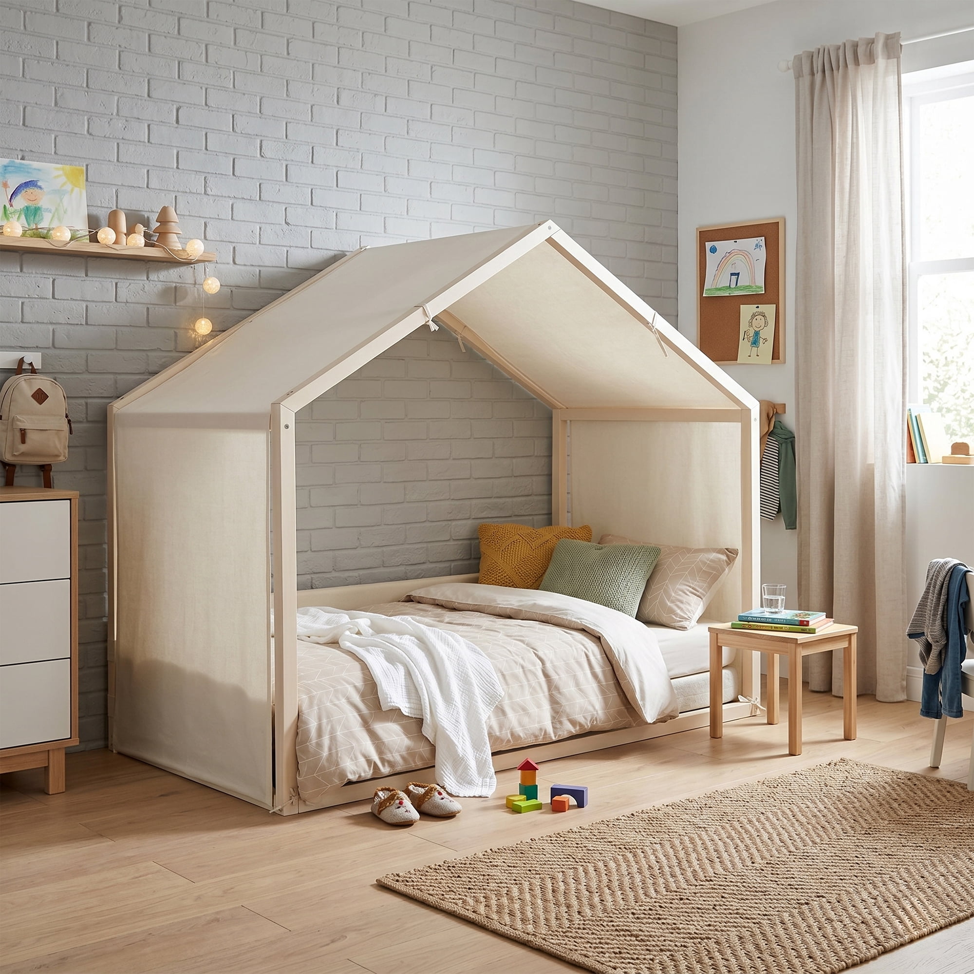 Mintazer Twin Size Montessori House Floor Bed with Breathable Linen Canopy & Velvet Upholstered Side Guard Panels, Low Platform Kids Playhouse Bed Frame for Bedroom Guest Room, Natural