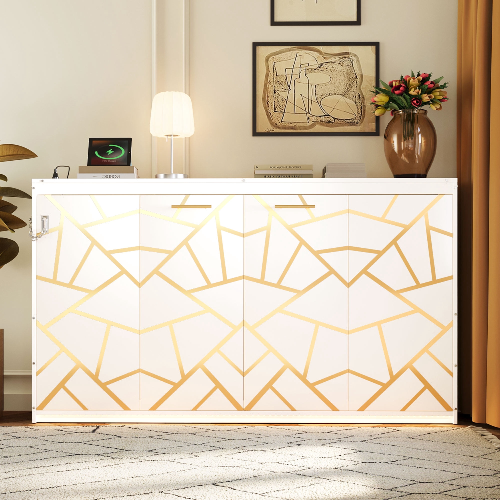 Mintazer Twin Size Murphy Bed with LED Lights & USB Port, Modern Folding Cabinets Bed with Gold Geometric Pattern for Home Office, White