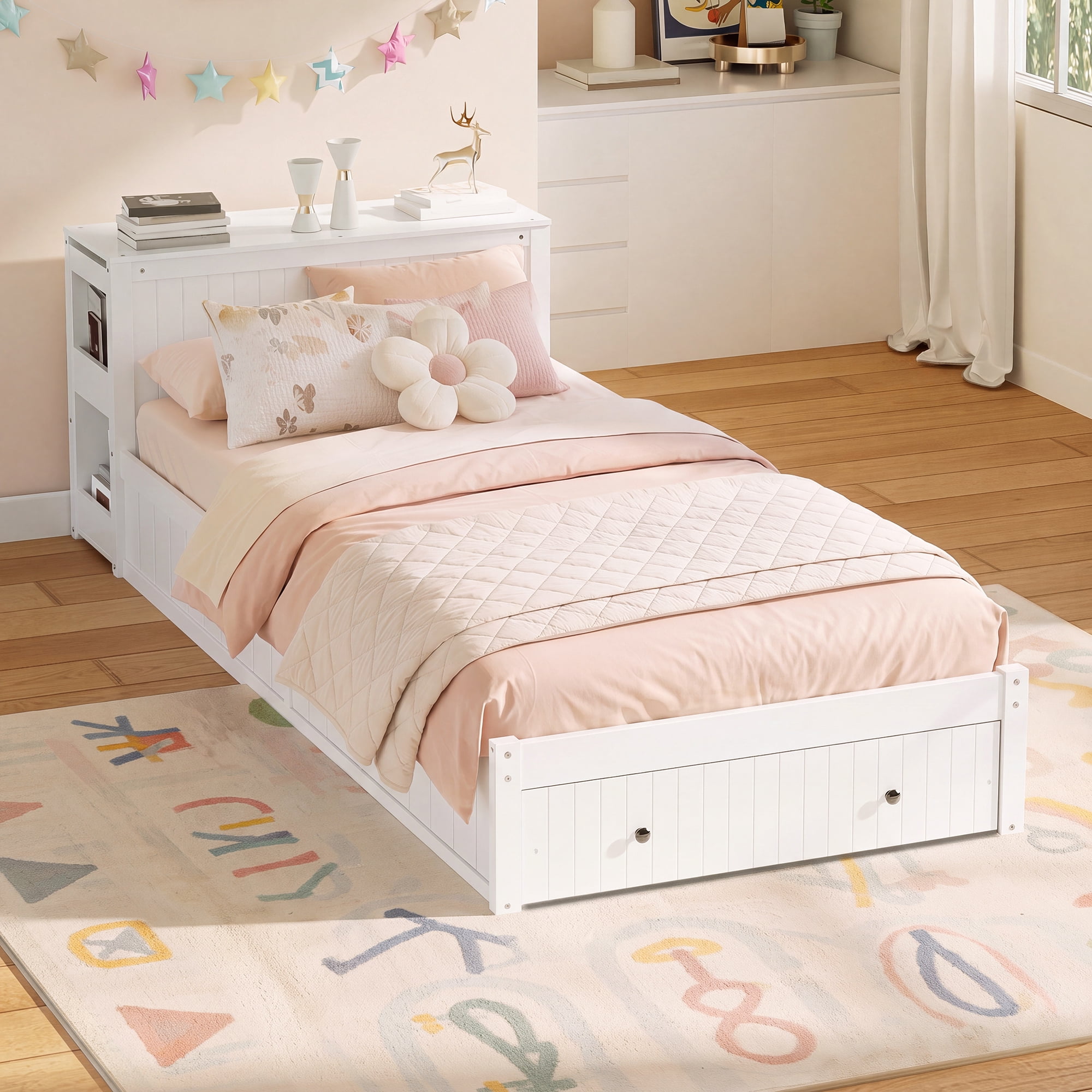 Mintazer Twin Size Platform Bed with Desk & Chair, Multifunctional Platform Bed with Storage Drawer & Side Open Shelves for Kids Teen Bedroom Apartment, White