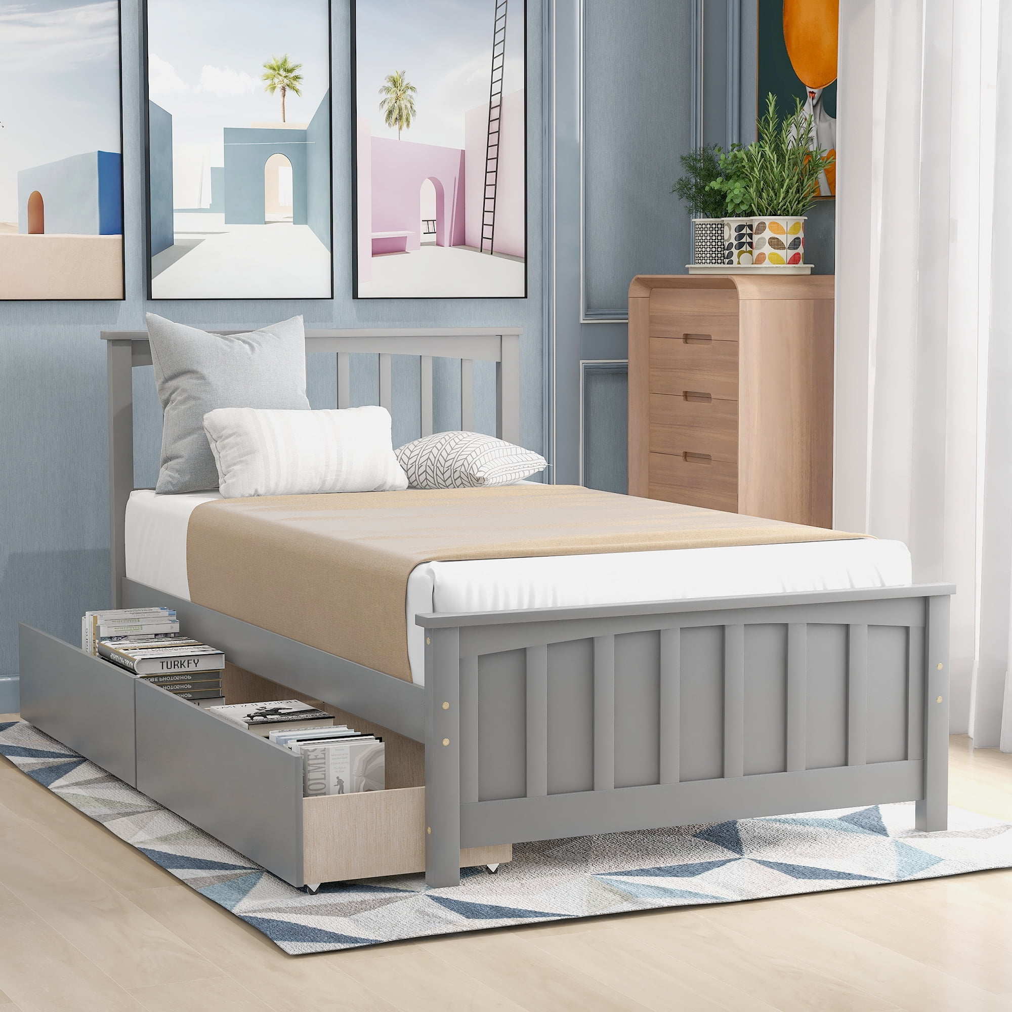 Mintazer Twin Size Platform Bed Frame with 2 Large Rolling Storage Drawers, Vertical Slatted Headboard & Panel Footboard for Kids Teens Adults Bedroom, No Box Spring Needed, Gray