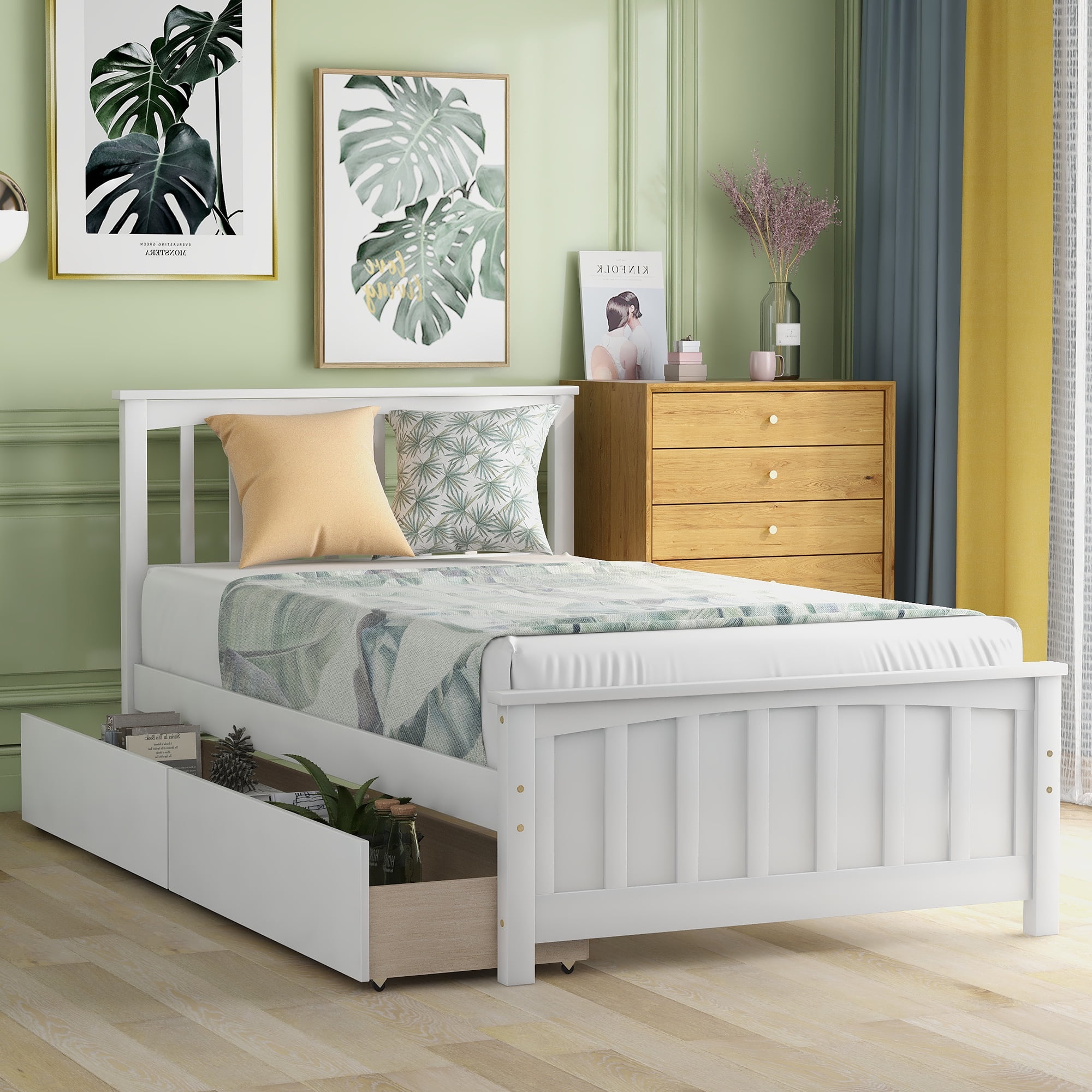 Mintazer Twin Size Platform Bed Frame with 2 Large Rolling Storage Drawers, Vertical Slatted Headboard & Panel Footboard for Kids Teens Adults Bedroom, No Box Spring Needed, White