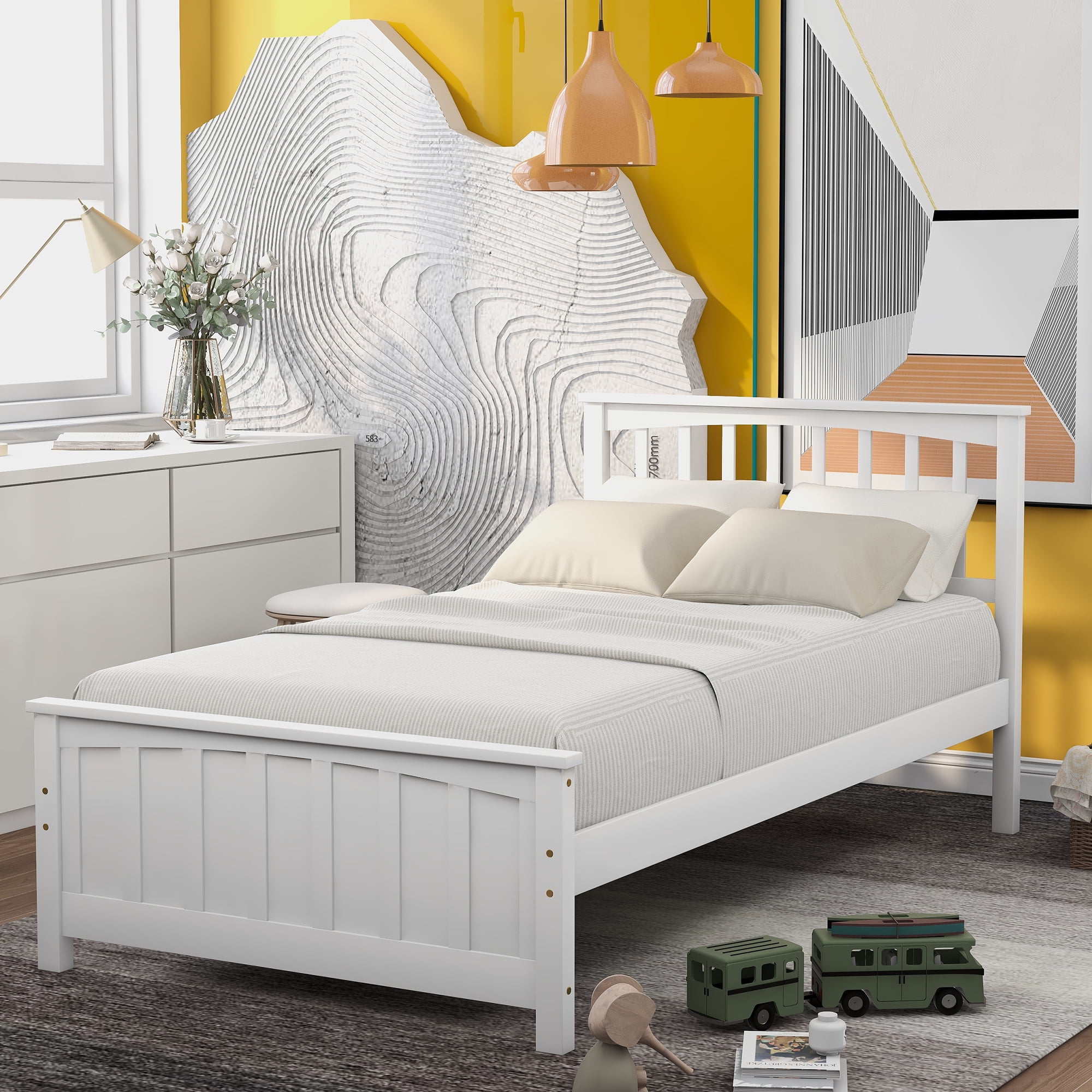 Mintazer Twin Size Platform Bed Frame with Classic Vertical Slatted Headboard & Panel Footboard for Kids Teens Adults Bedroom, No Box Spring Needed, White