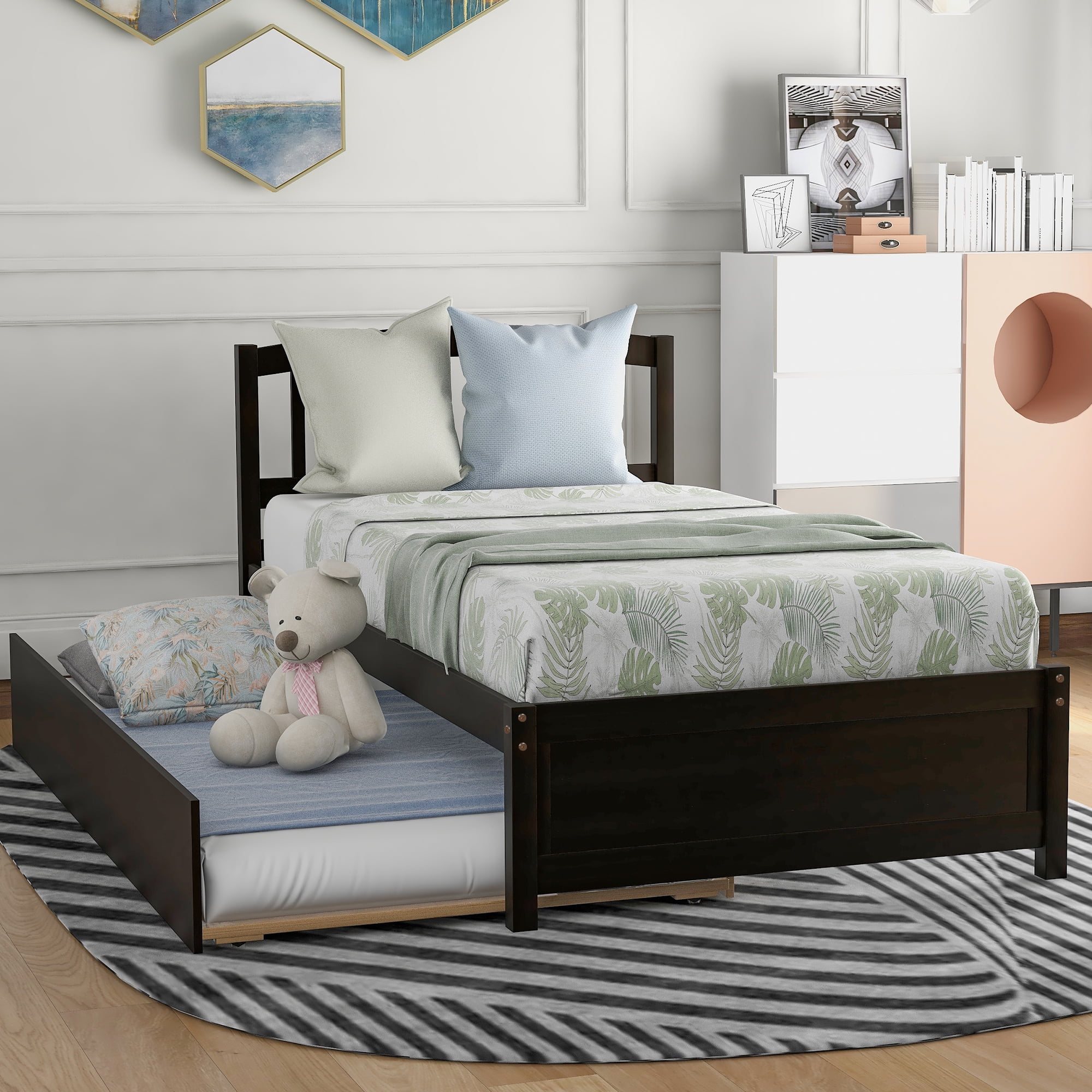 Mintazer Twin Size Platform Bed Frame with Trundle & Curved Slatted Headboard for Kids Teens Adults Bedroom, No Box Spring Needed, Espresso