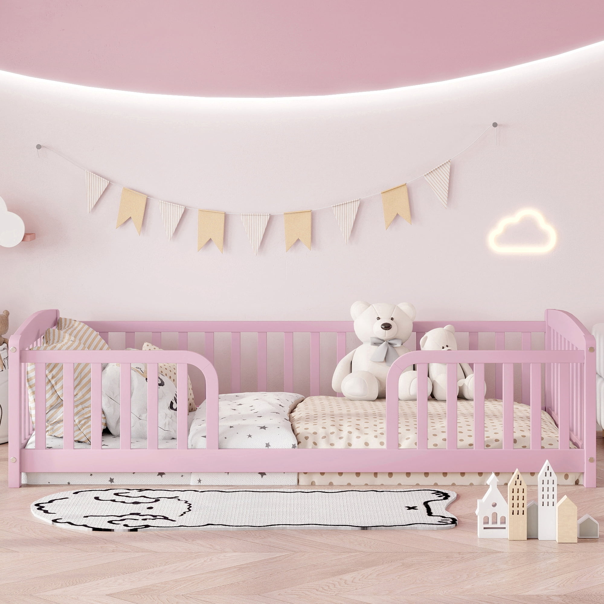 Mintazer Twin Size Toddler Floor Bed with Guardrails & Central Entrance, Pink