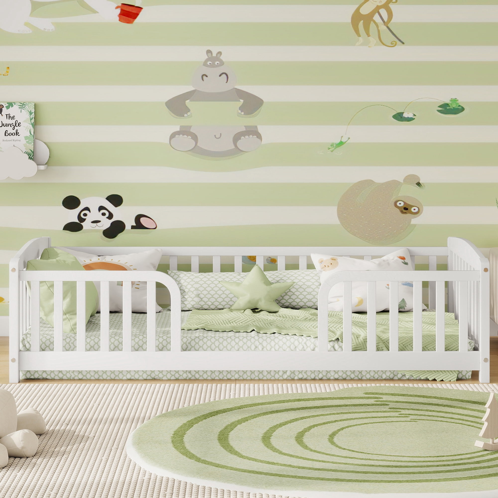 Mintazer Twin Size Toddler Floor Bed with Guardrails & Central Entrance, White