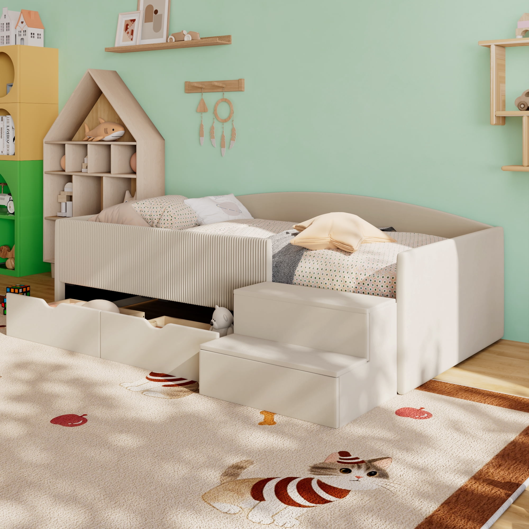 Mintazer Twin Size Upholstered Floor Daybed Frame with Safety Guardrail & 2 Storage Drawers & Stairs for Todder Kids, Beige