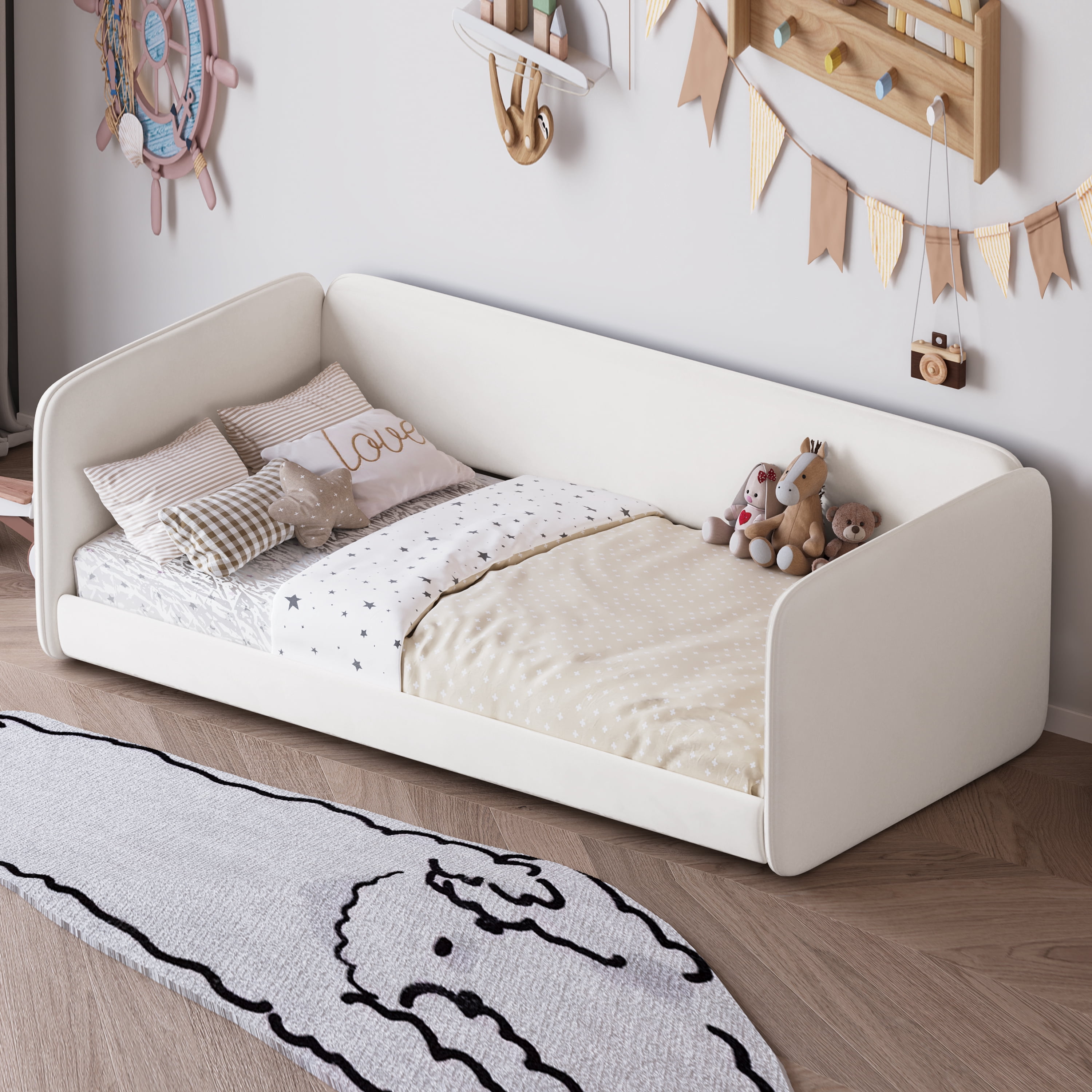 Mintazer Twin Size Upholstered Montessori Floor Bed with Protective Sides, Velvet Soft Platform Bed for Kids Toddler Bedroom Nursery, Beige