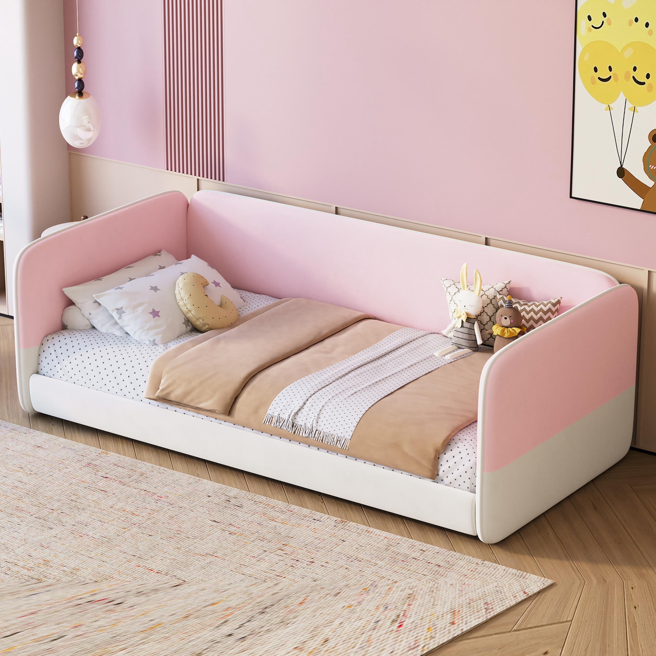 Mintazer Twin Size Upholstered Montessori Floor Bed with Protective Sides, Velvet Soft Platform Bed for Kids Toddler Bedroom Nursery, Pink