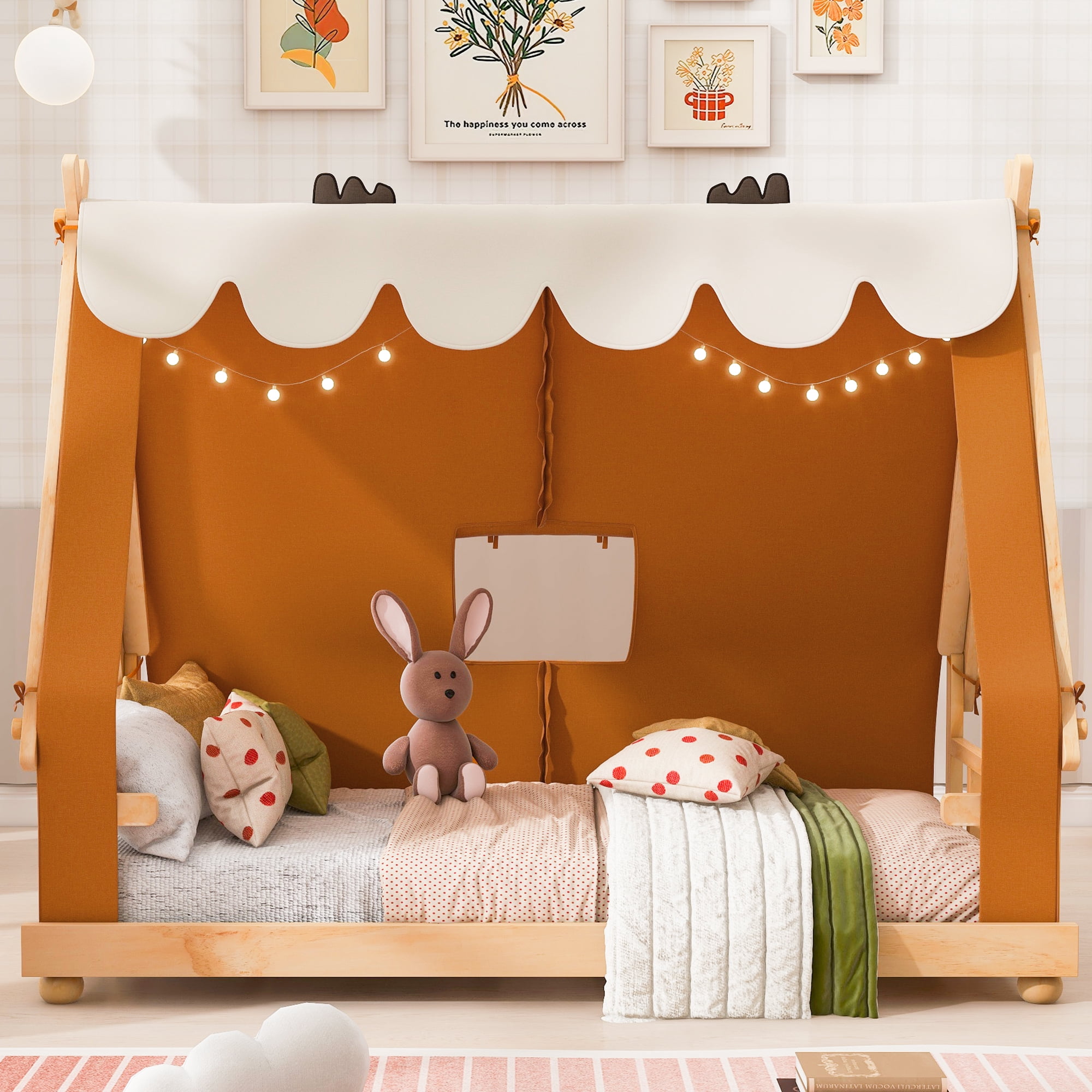 Mintazer Twin Teepee Tent Bed with LED Lights, Kids House Bed with Removable Canopy, Brown