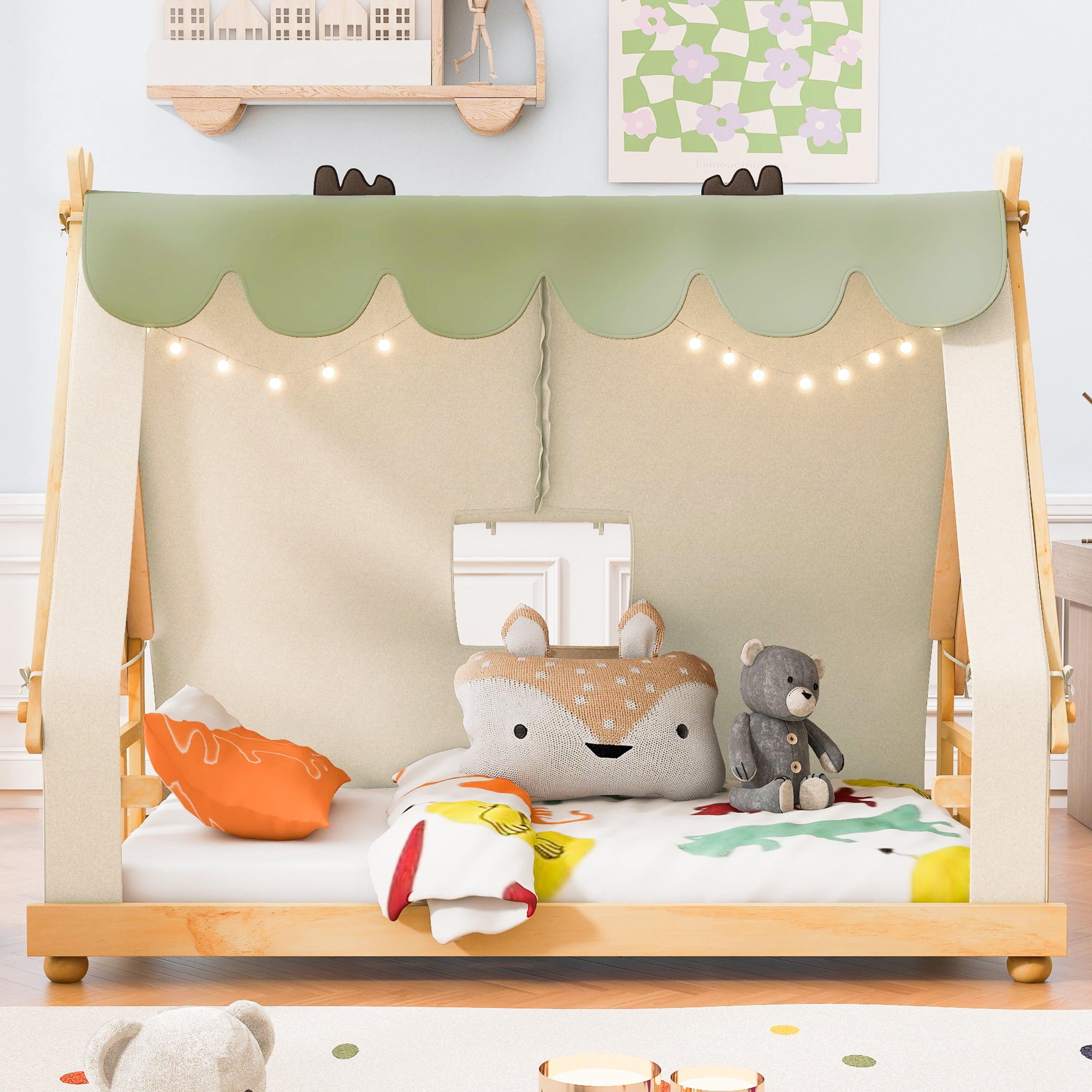 Mintazer Twin Teepee Tent Bed with LED Lights, Kids House Bed with Removable Canopy, Natural