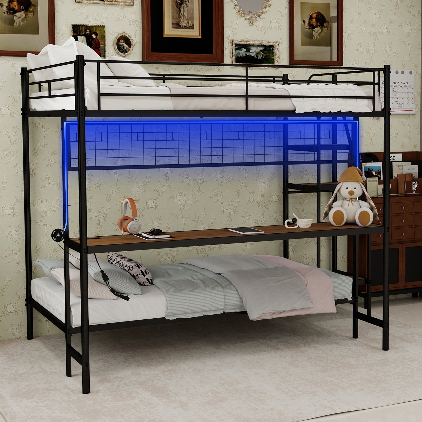 Mintazer Twin Over Twin Metal Bunk Bed with Desk, LED Light & Power Outlet, Bunk Bed Frame with Guardrails and Ladder for Kids Teens Bedroom Dorm Apartment, Black