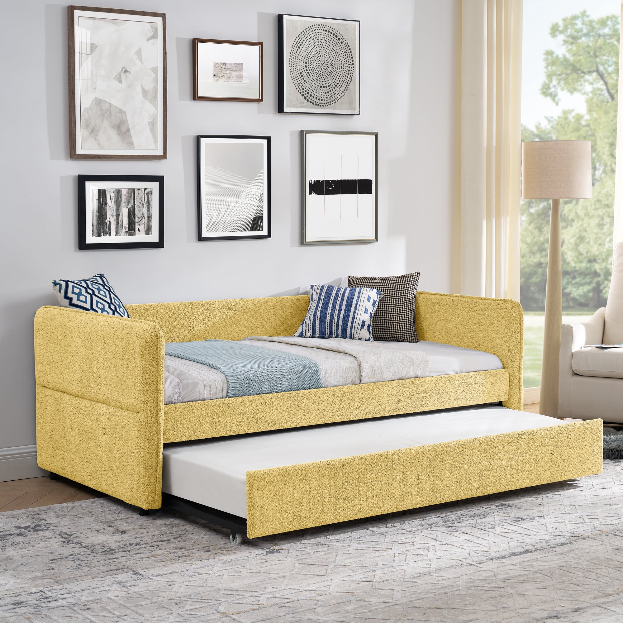 Mintazer Twin Upholstered Daybed with Trundle, Boucle Fabric Sofa Bed for Living Room & Bedroom, Yellow