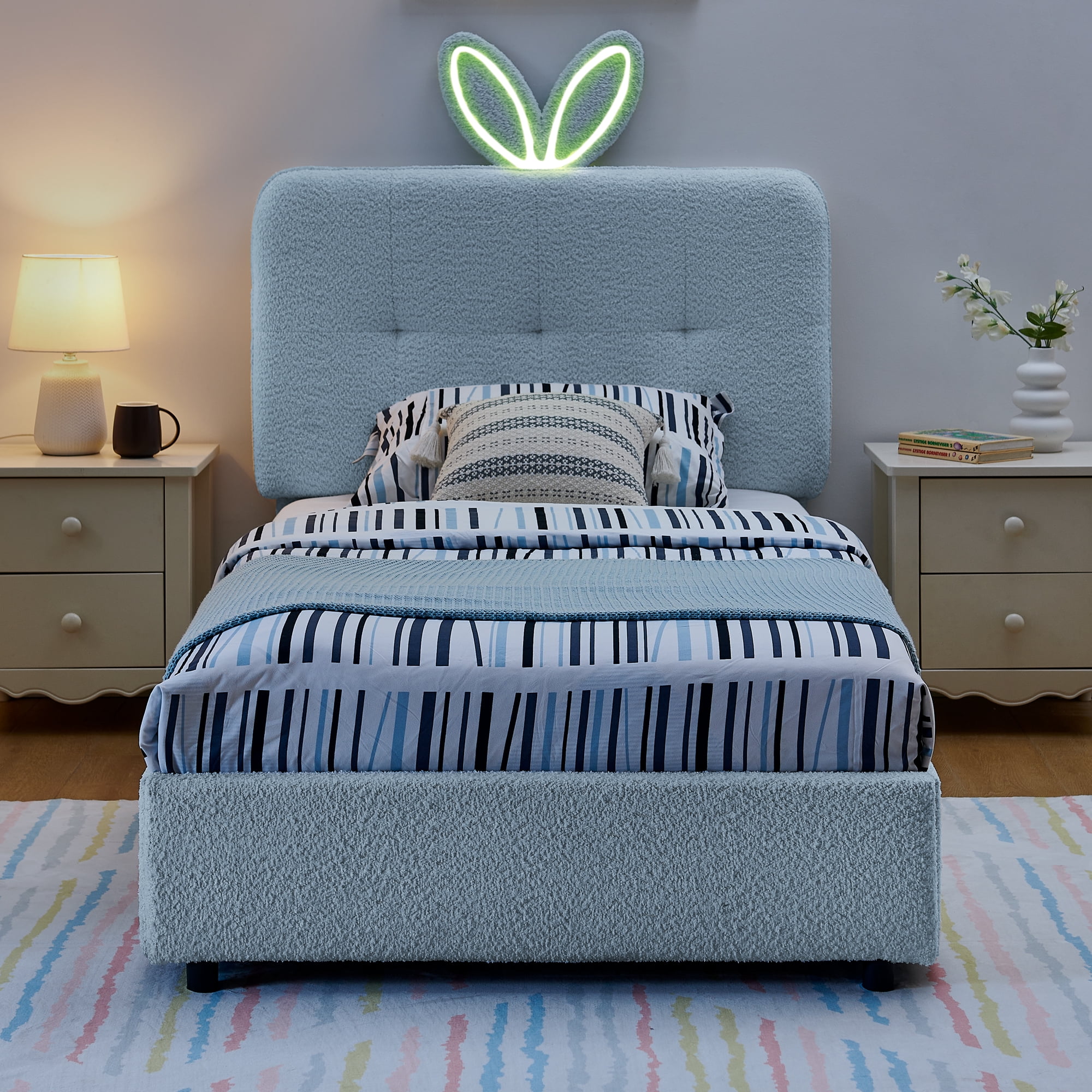 Mintazer Twin Upholstered Kids Bed with Oversized Rabbit Ear Headboard, Boucle Fabric Platform Bed with LED Headboard & 4 Storage Drawers, Blue