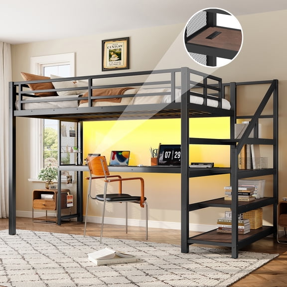 Mintazer Twin XL Loft Bed with Desk & Storage Stairs, Metal Bed Frame with LED Lights & USB Ports for Bedroom Dorm, Black