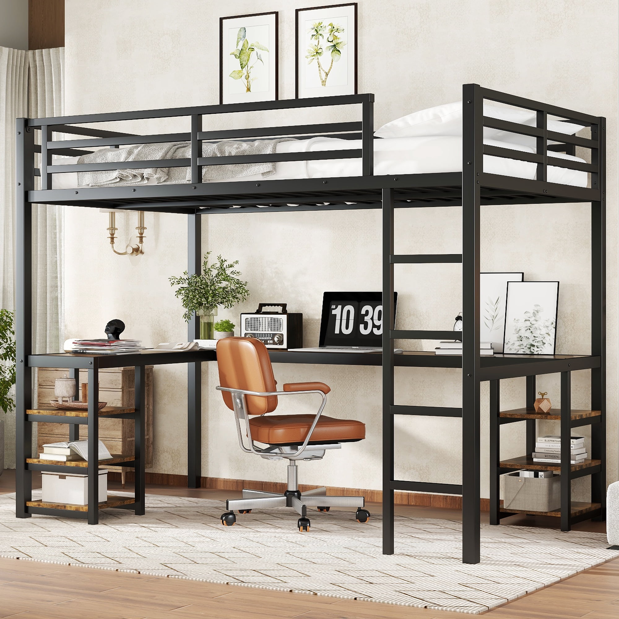 Mintazer Twin XL Loft Bed with Desk and Storage Shelves, Metal Loft Bed Frame with Ladder and Guardrails, Black