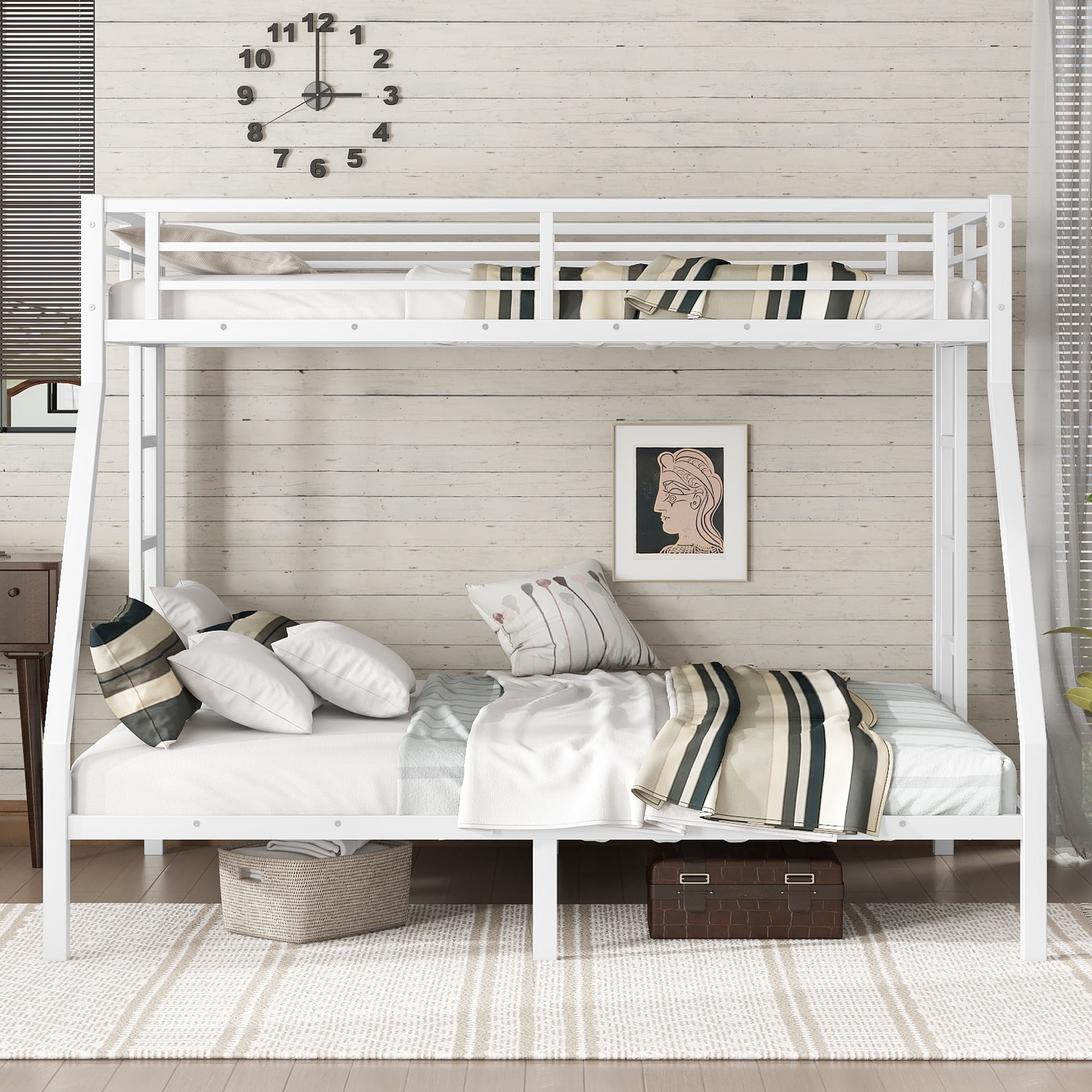 Mintazer Twin XL Over Queen Metal Bunk Bed with Guardrails, 2 Ladders & Under-Bed Storage for Teens Adults Bedroom, White
