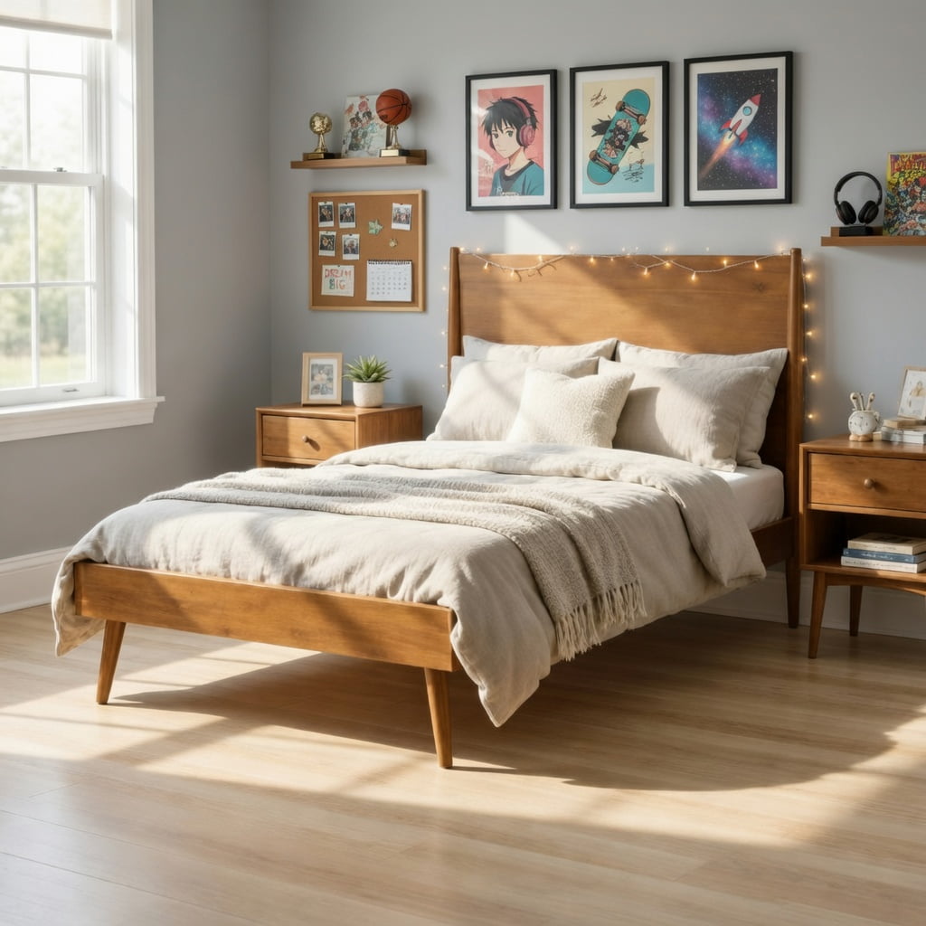 Mintazer Twin XL Platform Bed Frame, Mid-Century Bed with Panel Headboard & Splayed Legs, No Box Spring Required, Natural