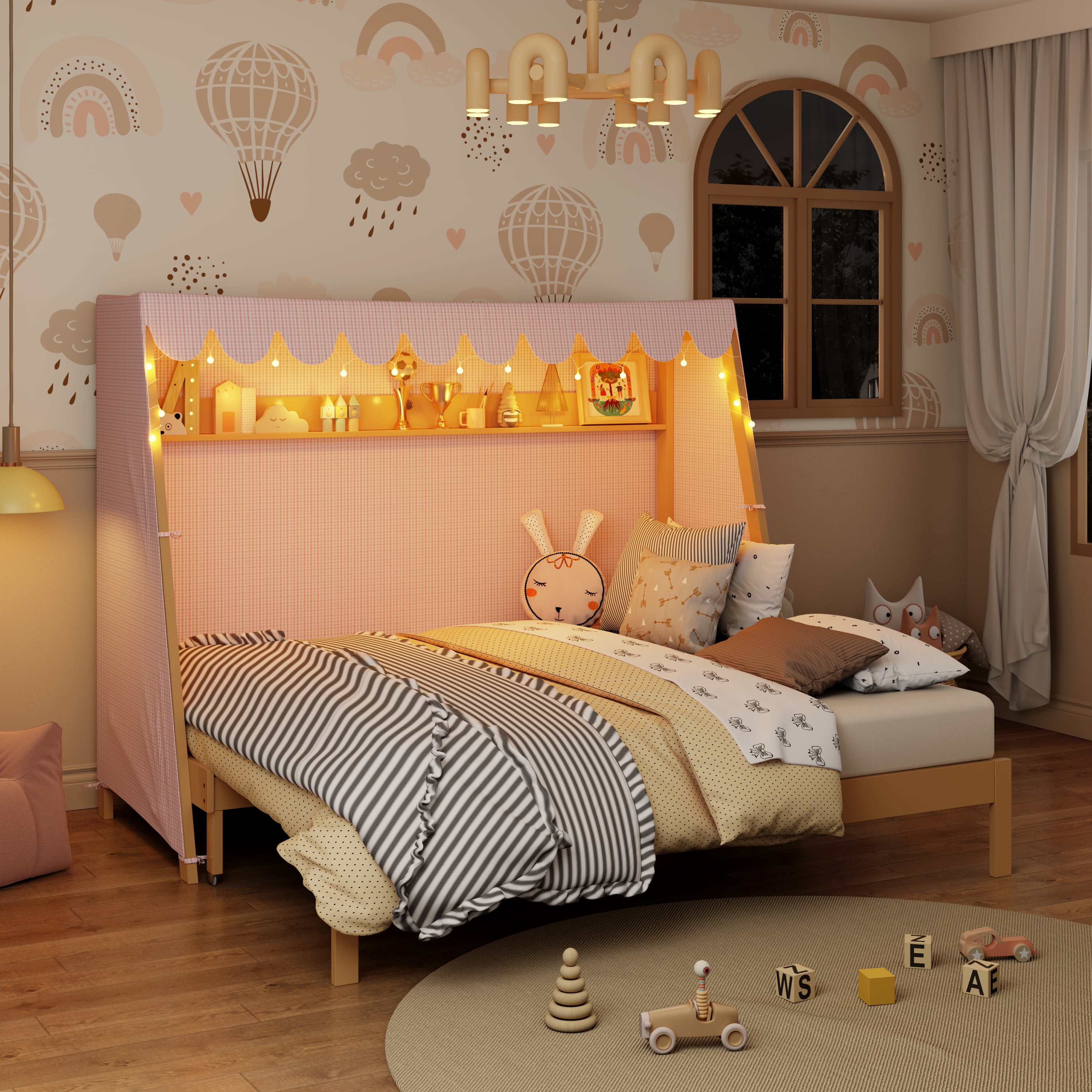 Mintazer Twin XL Platform Bed with LED Light, Trundle, Storage Shelf & Tent for Kids, Light Brown