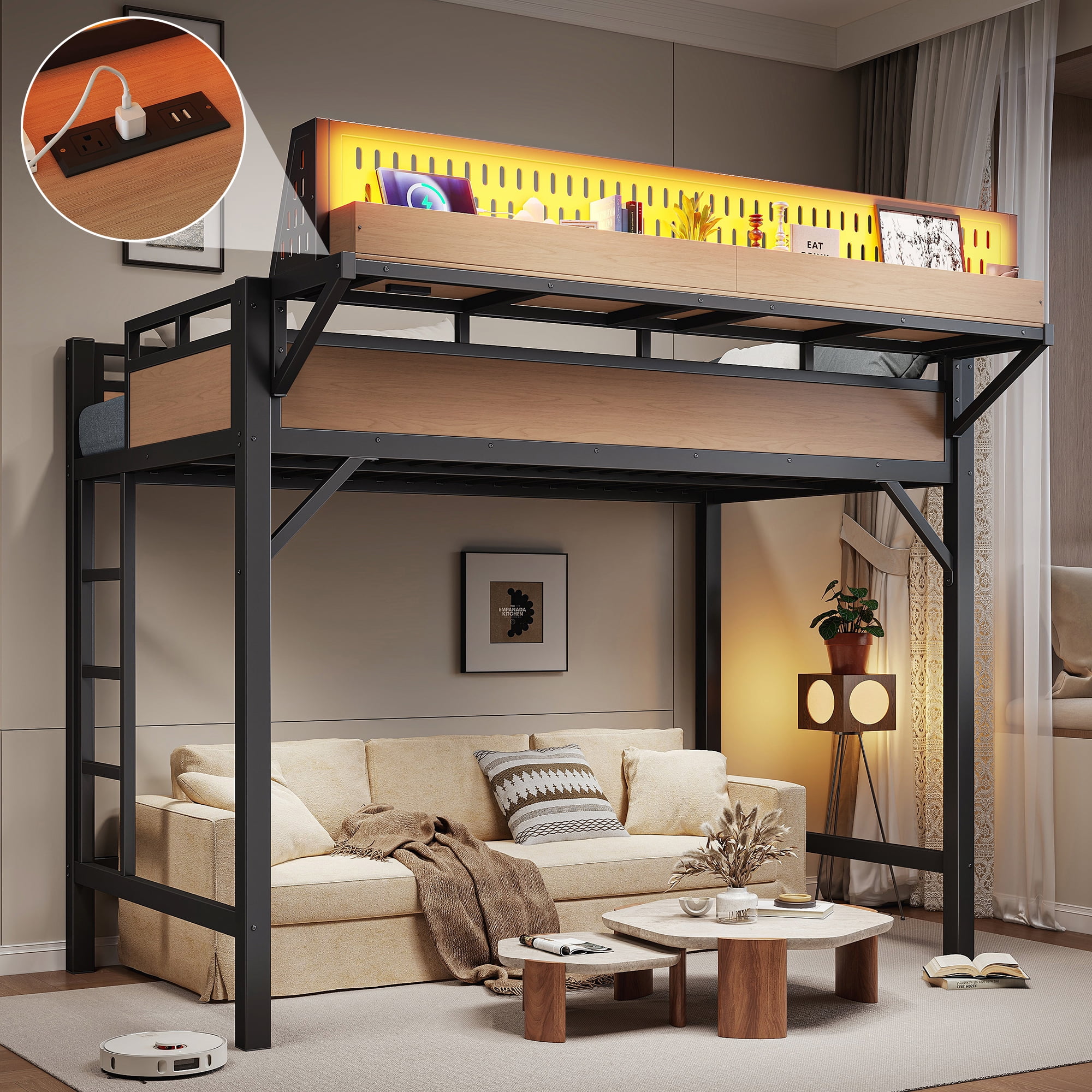 Mintazer Twin XL Size Loft Bed with LED Lights & Charging Station, Metal Loft Bed with Storage Shelves and Pegboard, Black & Natural