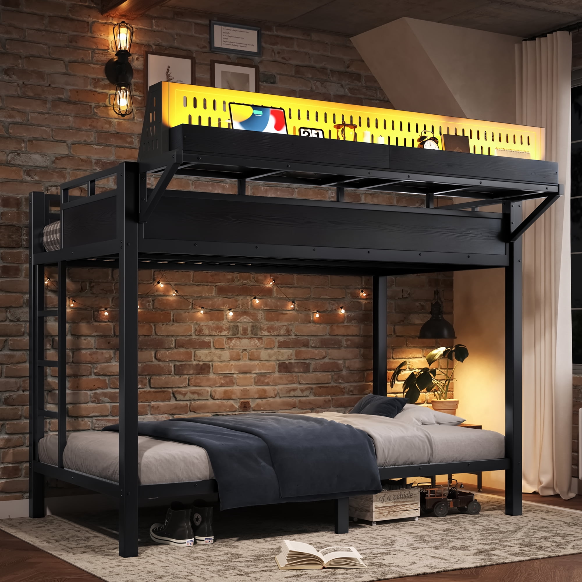 Mintazer Twin XL Over Twin XL Bunk Bed with Storage Shelves and Pegboard, Metal Bunk Bed Frame with LED Lights & Charging Station for Bedroom Guest Room, Black