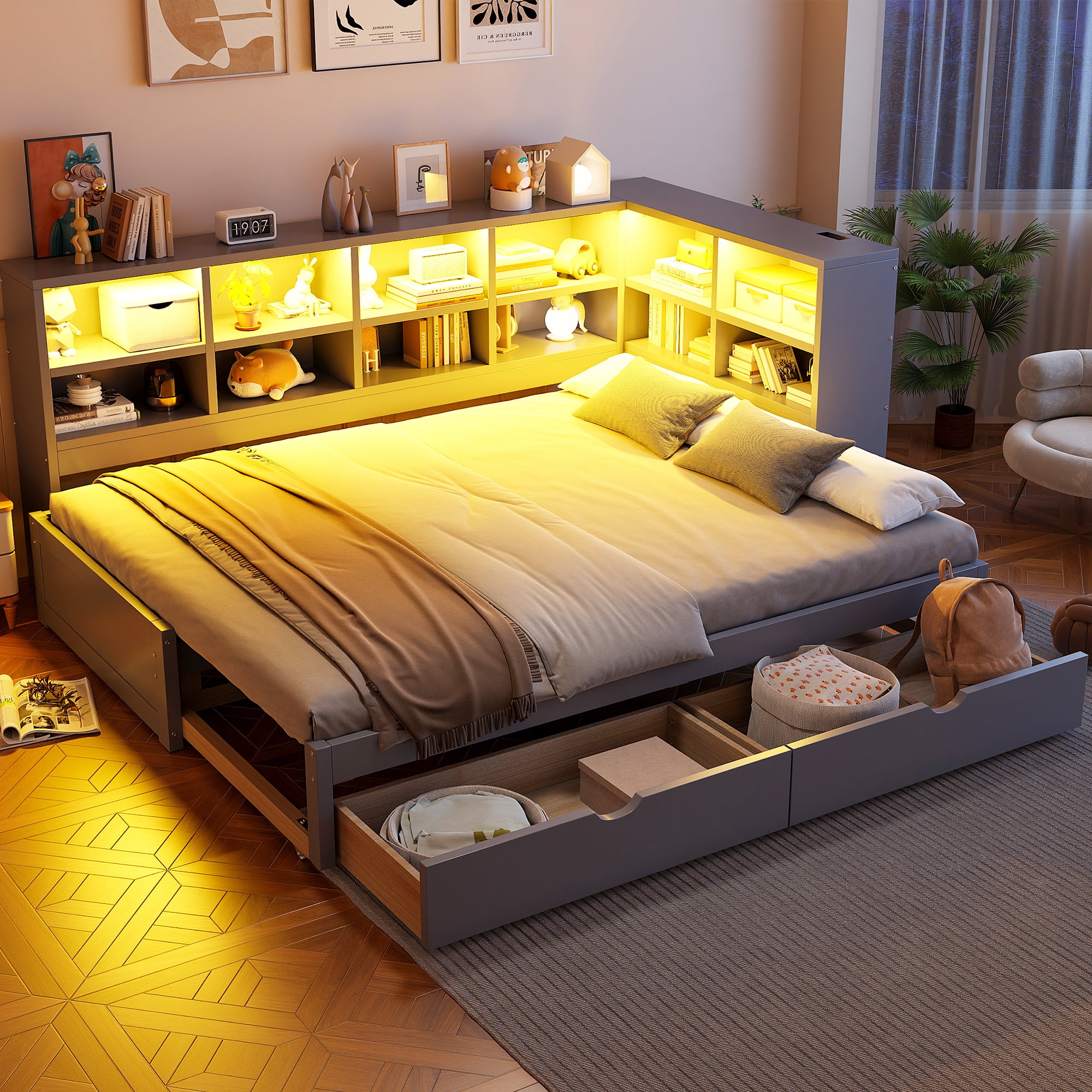 Mintazer Twin XL to King Daybed with 2 Storage Drawers & LED Lights, Platform Bed Frame with Charging Station, Gray