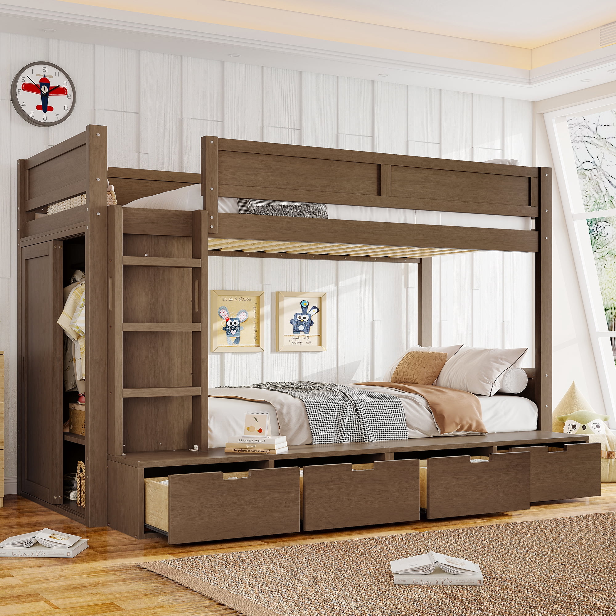 Mintazer Twin over Twin Bunk Bed with Wardrobe, Kids Bunk Bed with 4 Storage Drawers & Ladder for Bedroom, Brown