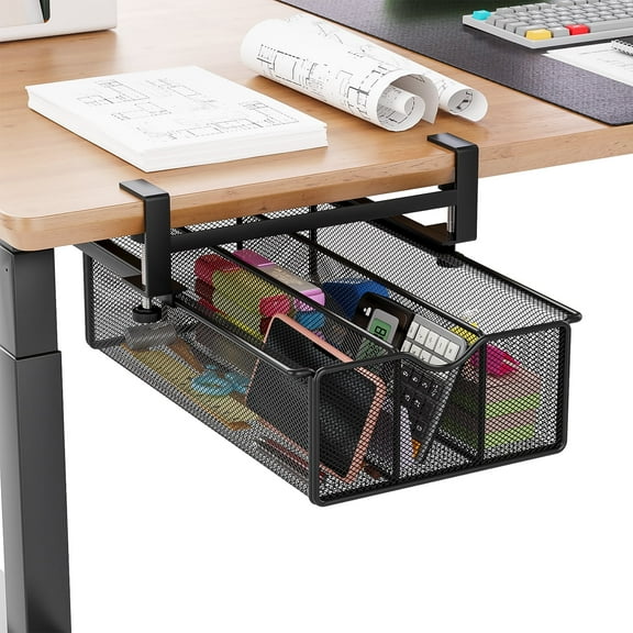 Mintazer Under Desk Drawer Clamp-On Mesh Metal Under Table Storage Organizer Slide Out Caddy with 3 Compartments for Home & Office Essentials, Black