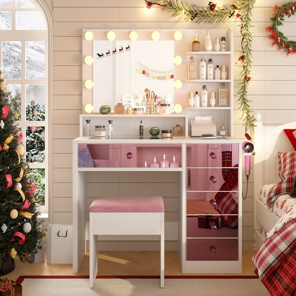Mintazer Vanity Set with Hollywood Bulbs and Mirror, Dressing Table with 6 Drawers & Shelves and Cushioned Stool, Makeup Vanity Desk for Bedroom, Pink