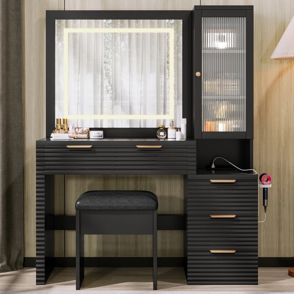Mintazer Vanity Set with LED Lighted Mirror & Charging Station, Dressing Table with 5 Drawers & Glass Door Cabinet and Storage Stool, Makeup Vanity Desk with Hollywood Bulbs for Bedroom, Black