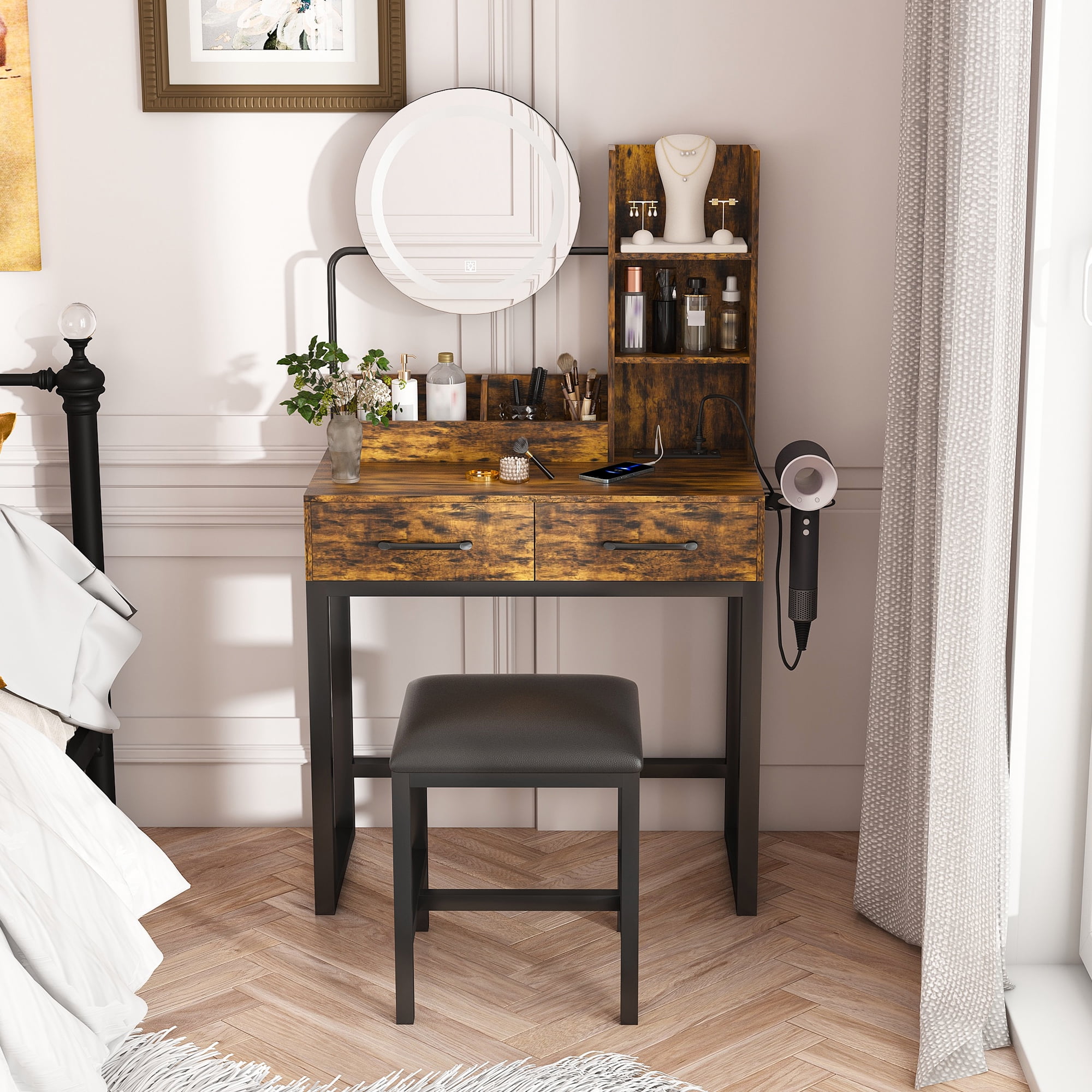 Mintazer Vanity Table Set with LED Round Mirror and 2 Drawers & Shelves, Makeup Vanity Desk with Charge Station & Hair Dryer Stand, and Stool for Bedroom, Brown