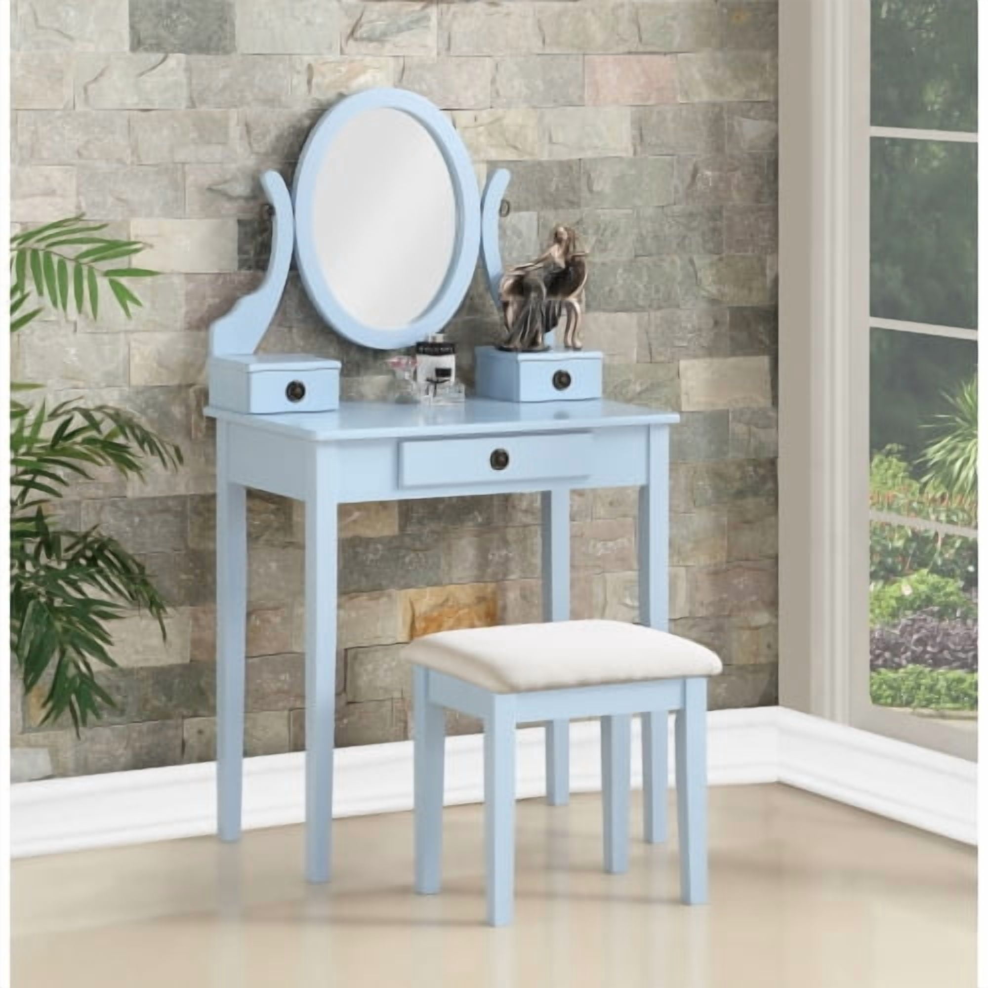 Mintazer Vanity Table Set with Adjustable Oval Mirror & Cushioned Stool, Makeup Dressing Table with 3 Drawer for Bedroom, Blue