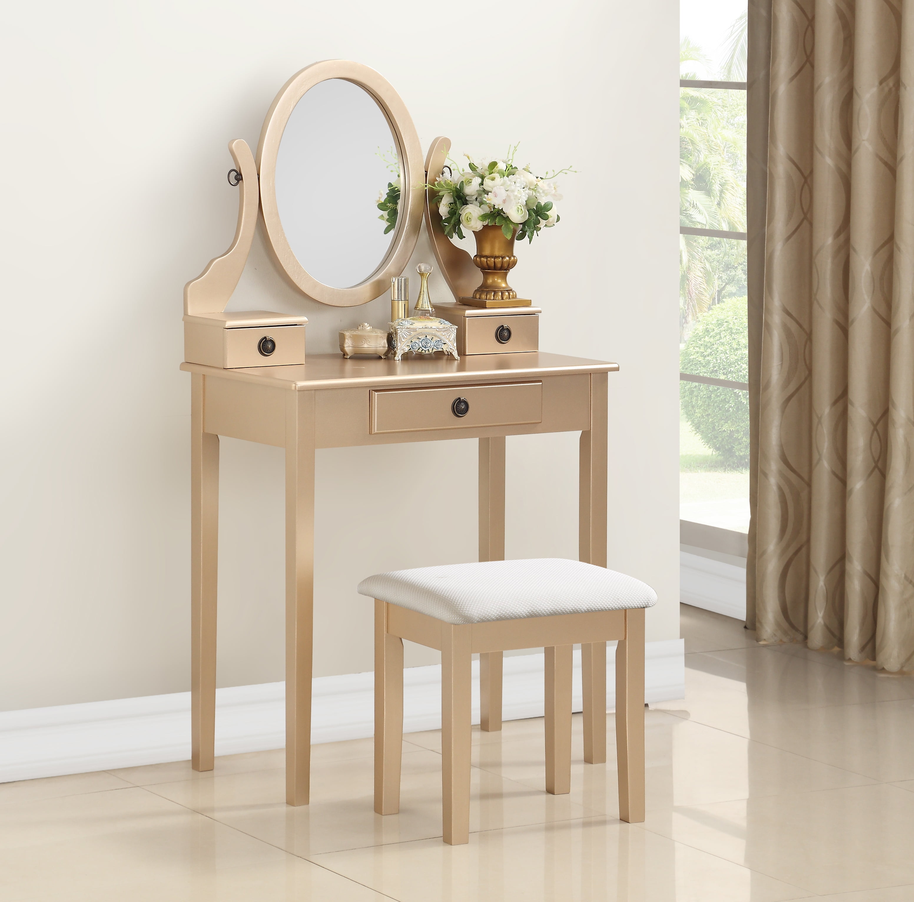 Mintazer Vanity Table Set with Adjustable Oval Mirror & Cushioned Stool, Makeup Dressing Table with 3 Drawer for Bedroom, Gold