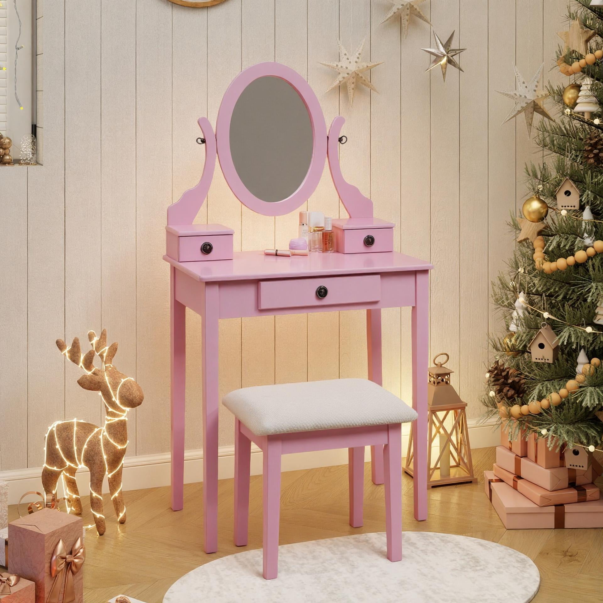 Mintazer Vanity Table Set with Adjustable Oval Mirror & Cushioned Stool, Makeup Dressing Table with 3 Drawer for Bedroom, Pink