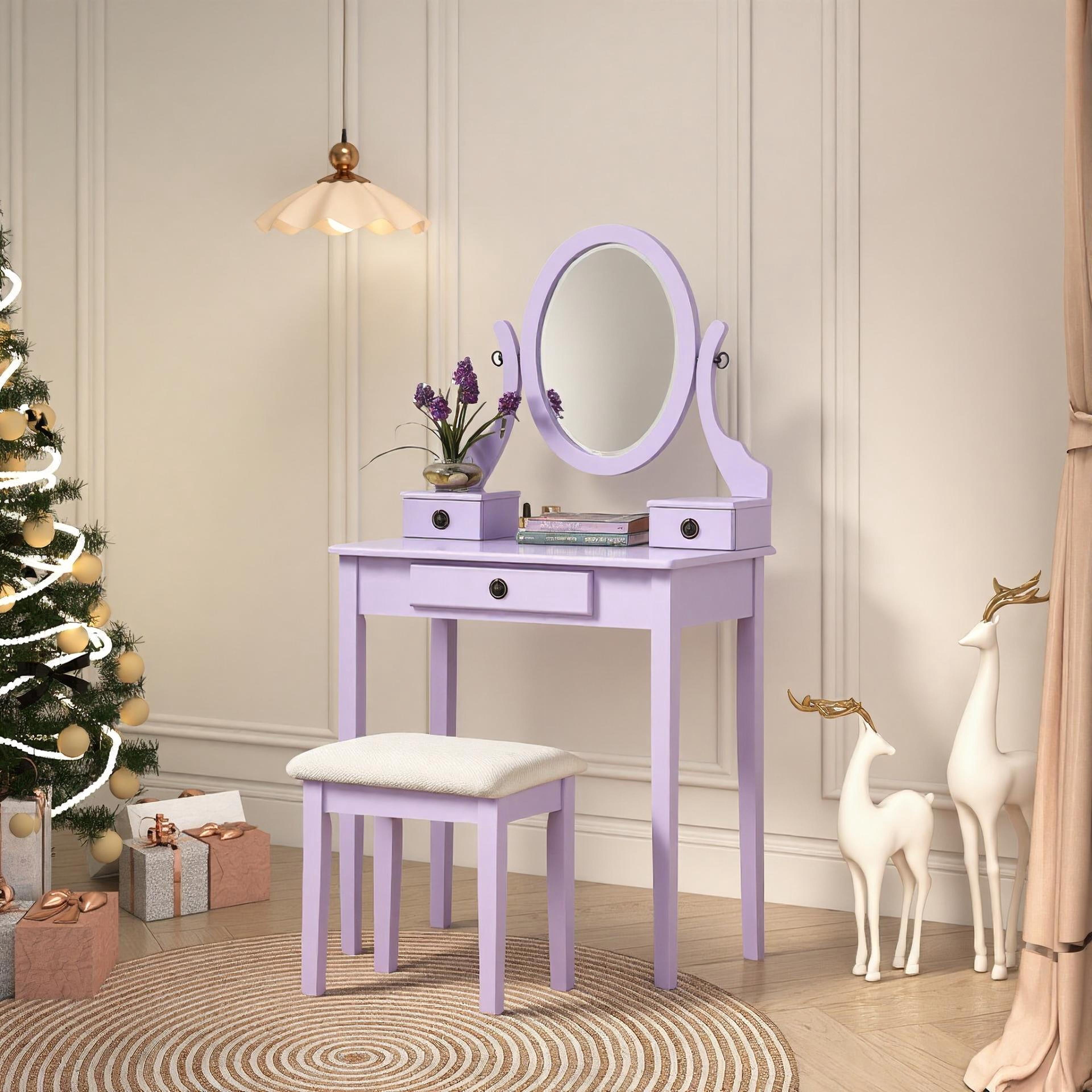 Mintazer Vanity Table Set with Adjustable Oval Mirror & Cushioned Stool, Makeup Dressing Table with 3 Drawer for Bedroom, Purple